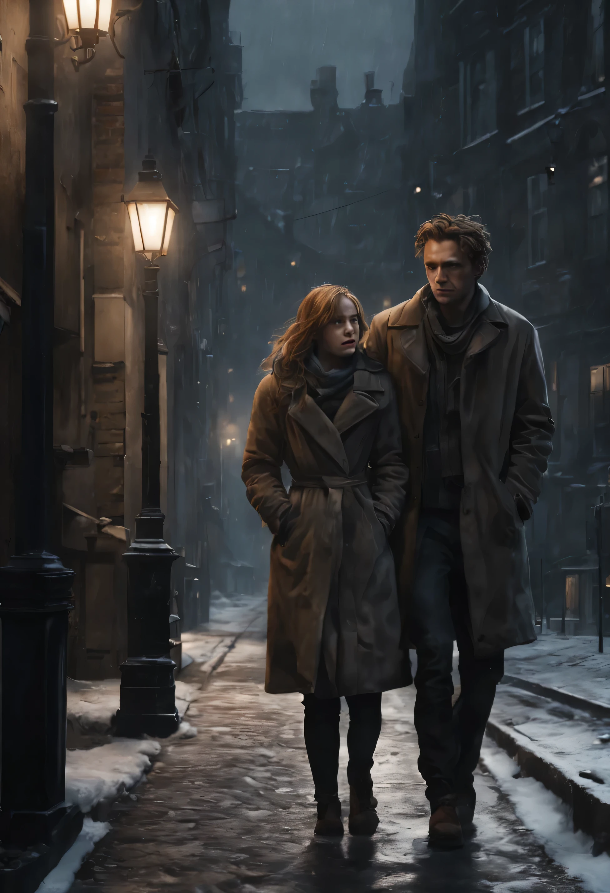 On a dreary winter evening, Sarah and Ewan are walking down a cold street.
Sarah is avoiding Ewan and is sullen.
Ewan looks at Sarah affectionately and wants to hug her.