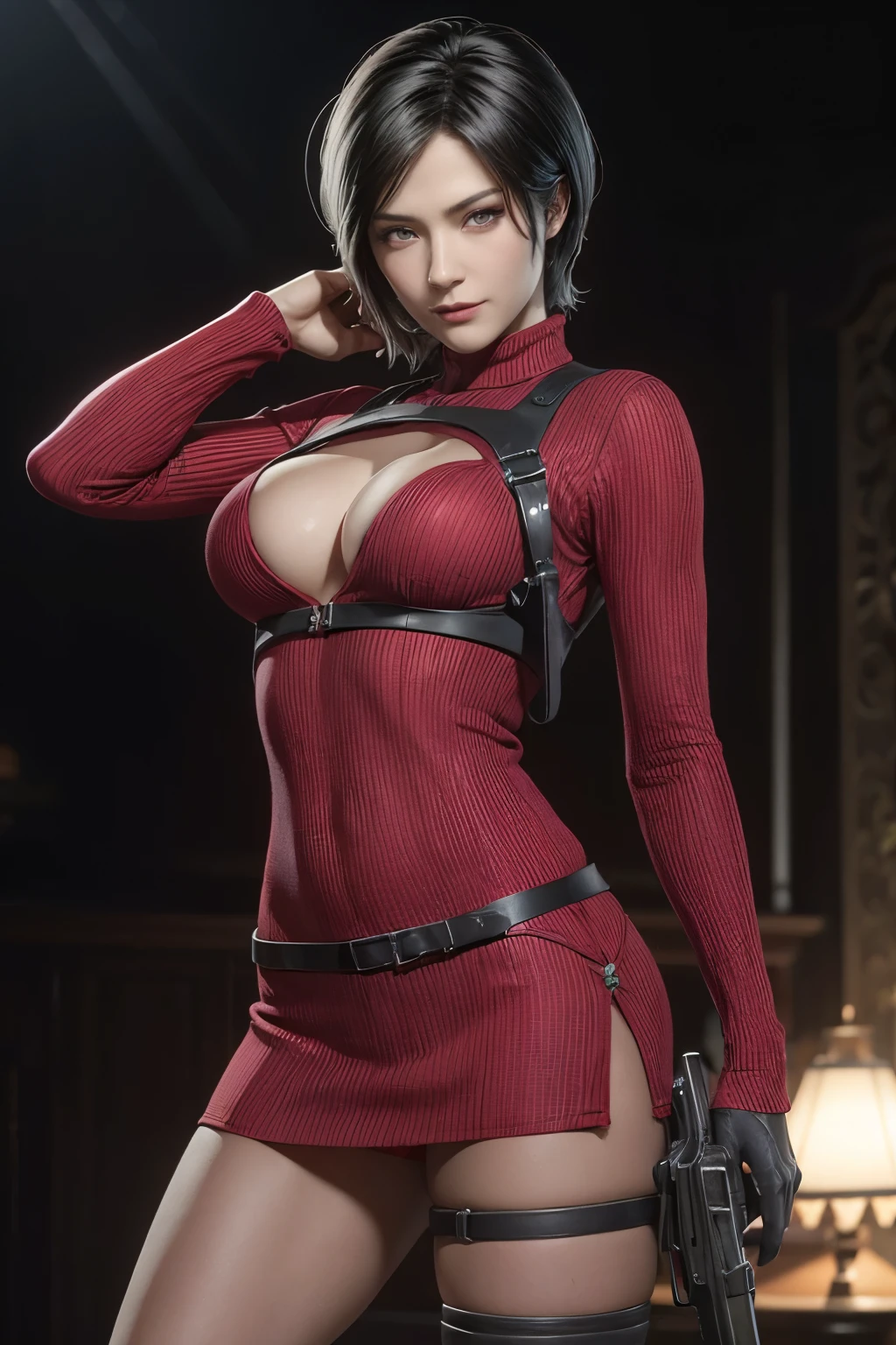 1 rapariga， solo， Ada Wong in Resident Evil 4 Remake， short detailed hair， brunette color hair， Red cheongsam， Short-sleeved shirt， Nero， nedium breasts， upper limbs， hindquarters， Black heels， Adriana's face， Find your audience， sly smile， A pistol was hung on her waist， best qualtiy， hight resolution：1.2， lit laboratory in the background， Shadowing， Nightmare， rays of moonlight， Upper body photography， Low camera angle、depth of fields、center focused, cleavage, breasts