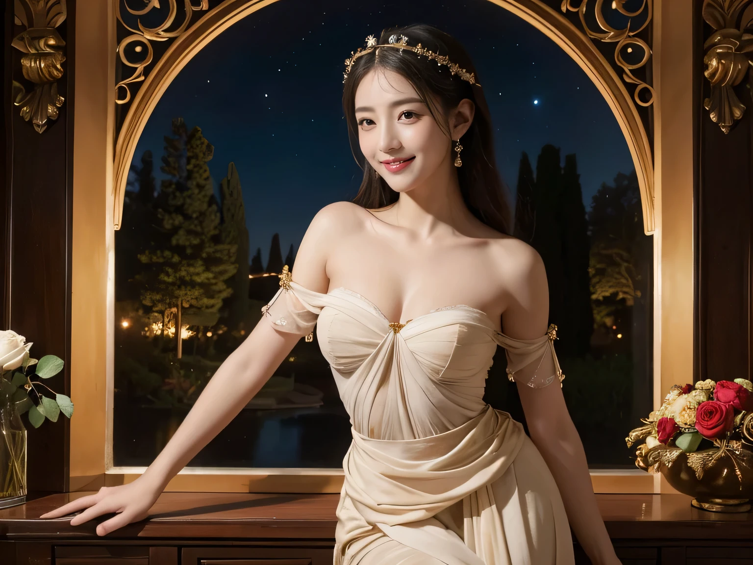 Giorgione painting style,Arguments of two female Philosophe,math、astronomical machine、astronaut、roses in vase、fruits、Cute trinkets、smile、ancient greek costume、Background is a forest lake at night 、Clothes that stretch your shoulders、A big smile、beautiful bare skin、A detailed representation of the seducing woman throughout her body.sexy,erotic smile