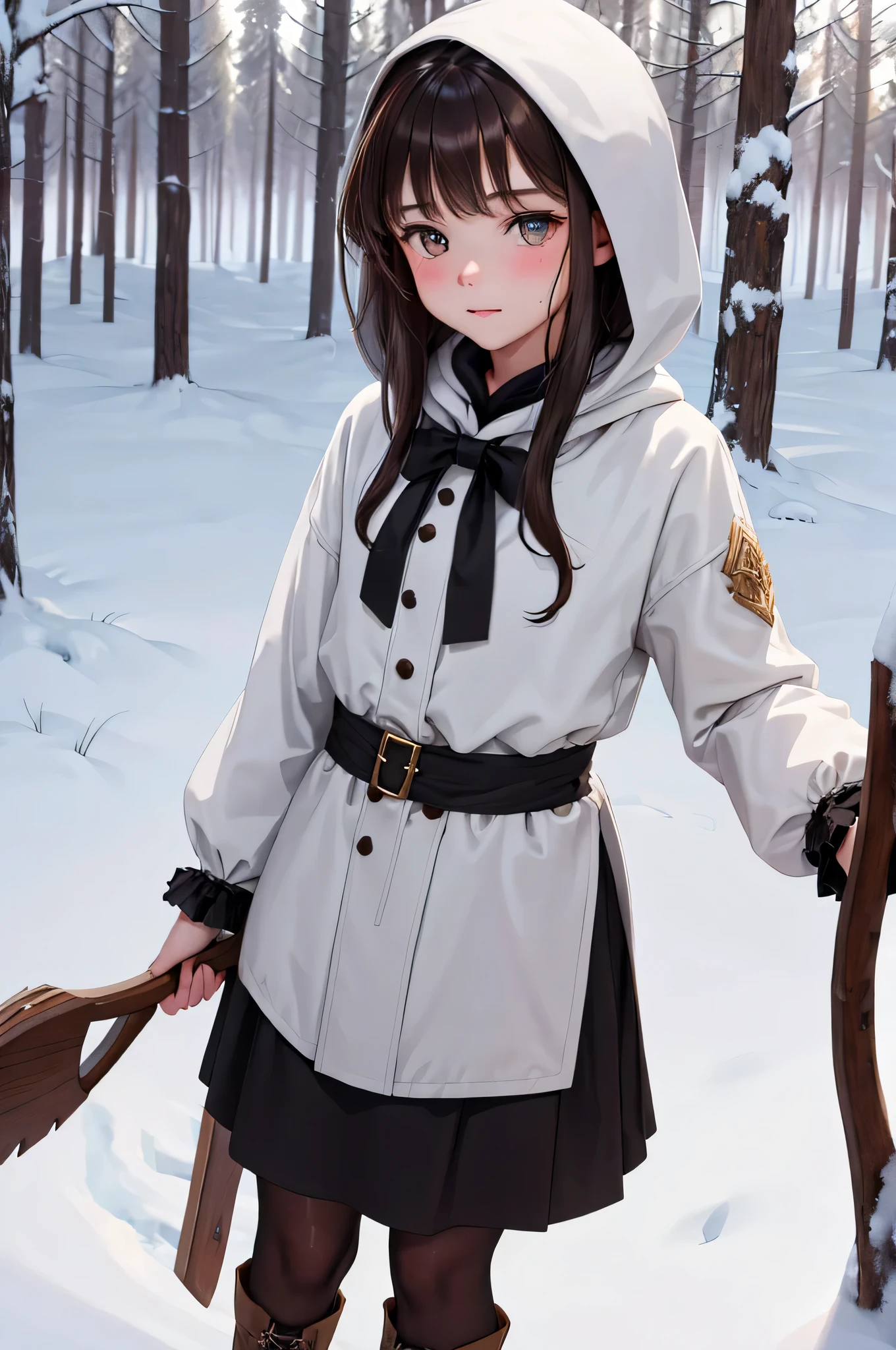 {there is a young girl in the middle of a winters forest. she is beautiful, and attractive. she is an 18th century style coat with a hood, a scrarf and a long dark brown skirt she is also wearing fur boots. she has beautiful long brown hair, and beautiful hazel eyes. she is holding a bow. she also has a quiver with her filled with arrows, like she is out hunting. it is snowing heavily, and there is fog reducing visability around her. there is some stones around on the ground, but are mostly covered in snow.}, {best quality}, {{masterpiece}}, {highres}, {{{8k}}}, extremely detailed girl, {{{caucasian skin}}}, {{{detailed face}}}, {photo-realism}, {{perfect anatomy}}, sharp focus, {{{character{1 girl}}}}, solo, {{{{{sharp focus}}}}}, {{{detailed cloth texture}}}, {{{detailed skin texture}}}, {{{smooth lighting}}}, {{australian decent}}, {{18-years old girl}},