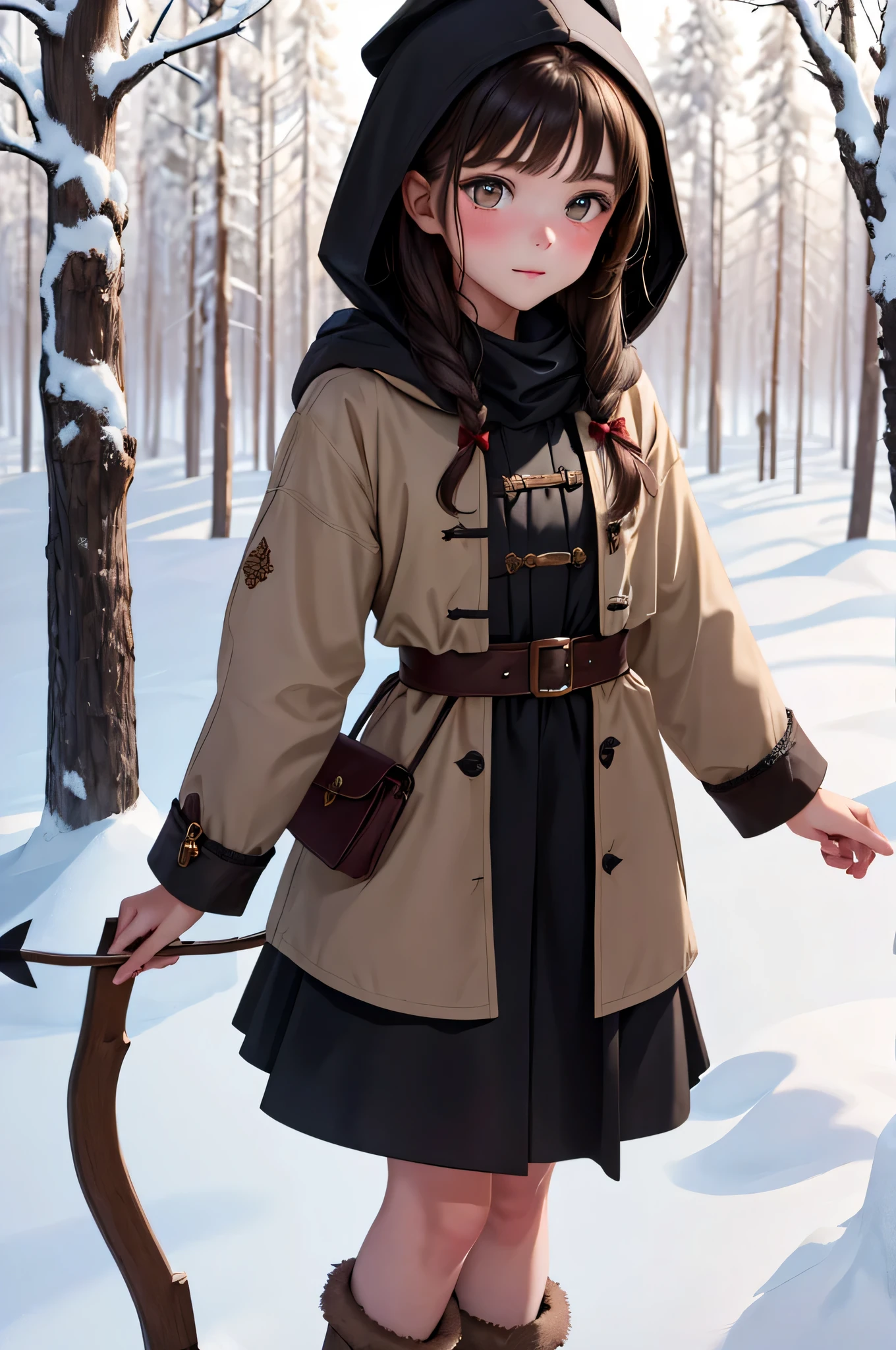 {there is a young girl in the middle of a winters forest. she is beautiful, and attractive. she is an 18th century style coat with a hood, a scrarf and a long dark brown skirt she is also wearing fur boots. she has beautiful long brown hair, and beautiful hazel eyes. she is holding a bow. she also has a quiver with her filled with arrows, like she is out hunting. it is snowing heavily, and there is fog reducing visability around her. there is some stones around on the ground, but are mostly covered in snow.}, {best quality}, {{masterpiece}}, {highres}, {{{8k}}}, extremely detailed girl, {{{caucasian skin}}}, {{{detailed face}}}, {photo-realism}, {{perfect anatomy}}, sharp focus, {{{character{1 girl}}}}, solo, {{{{{sharp focus}}}}}, {{{detailed cloth texture}}}, {{{detailed skin texture}}}, {{{smooth lighting}}}, {{australian decent}}, {{18-years old girl}},