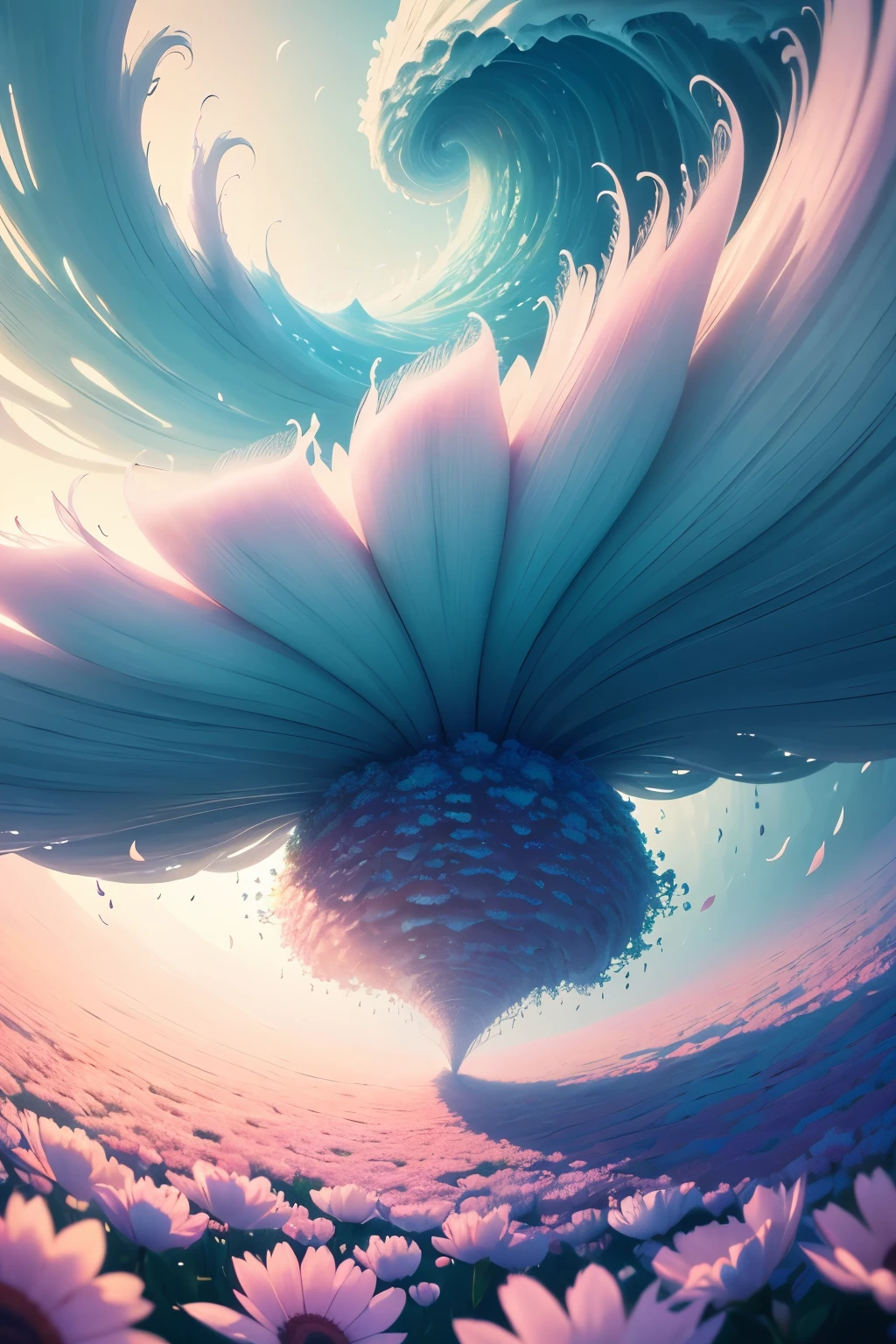 from below, best quality, 32k, RAW photo, incredibly absurdres, extremely detailed, delicate texture, the big wave of massive flowers and massive petals is swallowed up, fantasy, fairy tale, pastel color, motion-blur, action-lines