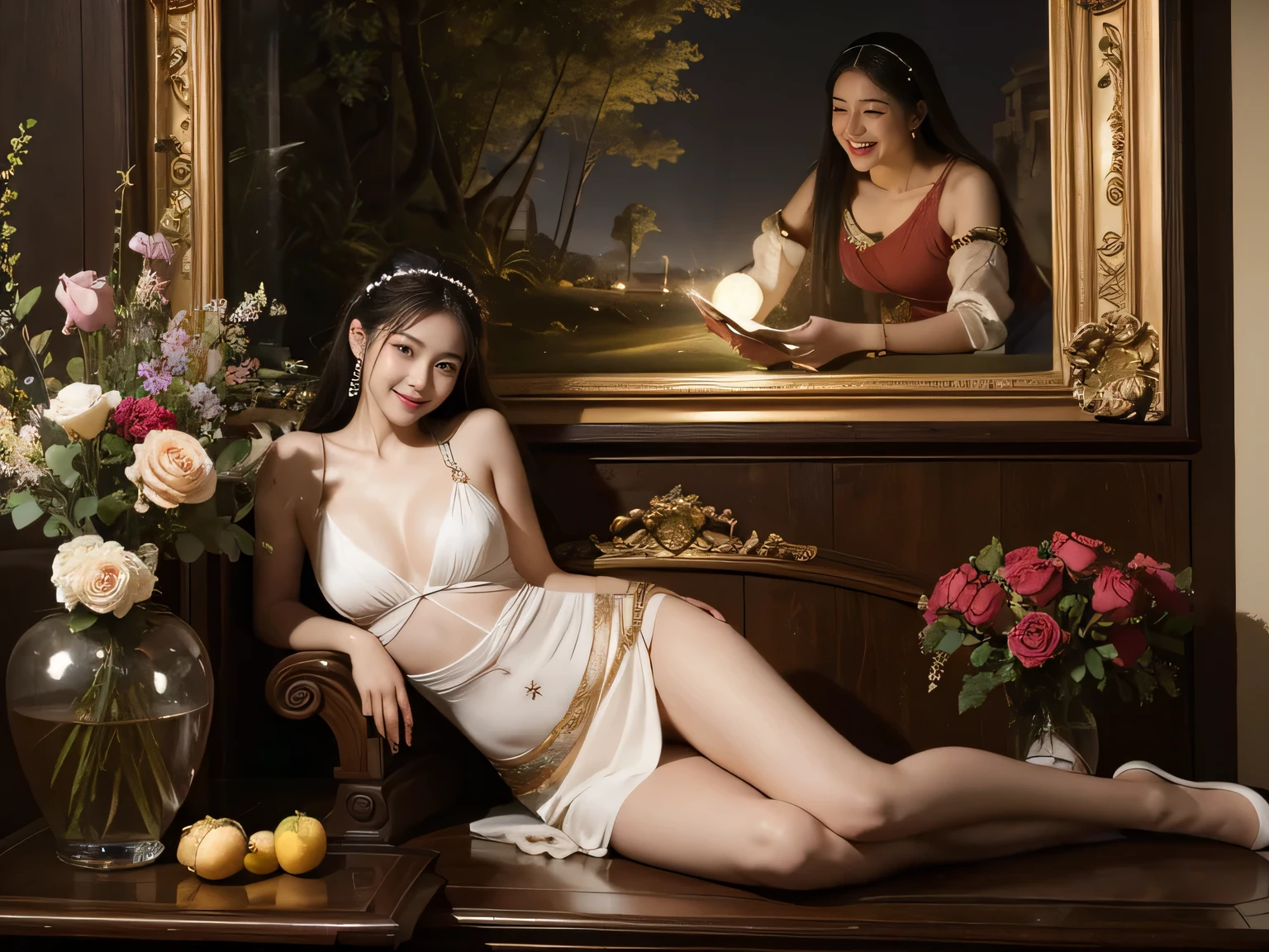 Giorgione painting style,Arguments of two female Philosophe,math、astronomical machine、astronaut、roses in vase、fruits、Cute trinkets、smile、ancient greek costume、Background is a forest lake at night 、Clothes that stretch your shoulders、A big smile、beautiful bare skin、A detailed representation of the seducing woman throughout her body.