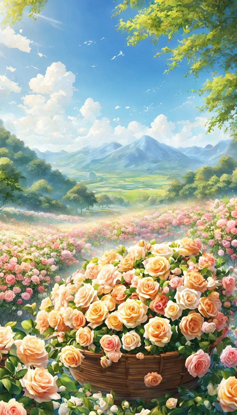 Sea of flowers/Sea of flowers/Sea of flowers.The wind blows through the rose field.spring field scenery.Closeup of beautiful girl riding motorcycle with cat.There are flowers and kittens in the bamboo basket in front of the car.背景是一大片彩色Sea of flowers.light tone.Light Gold、high resolution细节、Bright and fresh colors.(best quality,4k,8k,high resolution,masterpiece:1.2),super detailed,There are clear roses in the foreground.Wide-angle lens, ultra high definition, anatomically correct, Super details, best quality