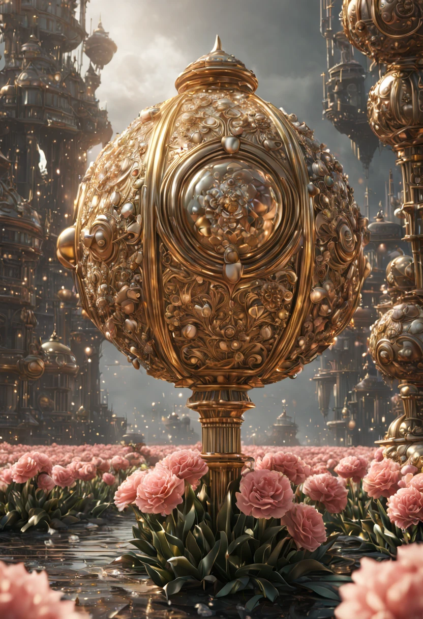 sea of flowers, aesthetic, gold and silver rose flowers with dew drops, hyperdetailed intricate delicate Victorian gold lace eldritch bejeweled carnation covered in, intricate mech details, ground level shot, 8K resolution, Cinema 4D, Behance HD, polished metal, Unreal Engine 5, rendered in Blender, sci-fi, futuristic, trending on Artstation, epic, cinematic background, dramatic, atmospheric