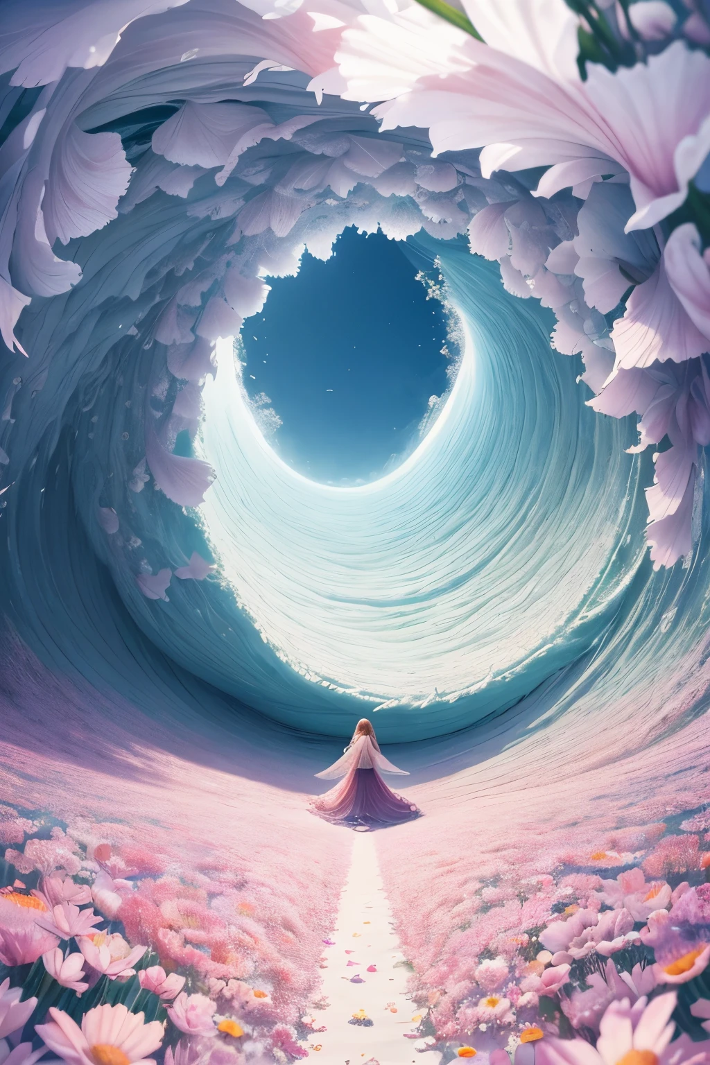 from below, best quality, 32k, RAW photo, incredibly absurdres, extremely detailed, delicate texture, the big wave of massive flowers and massive petals is swallowed up, fantasy, fairy tale, pastel color, motion-blur, action-lines