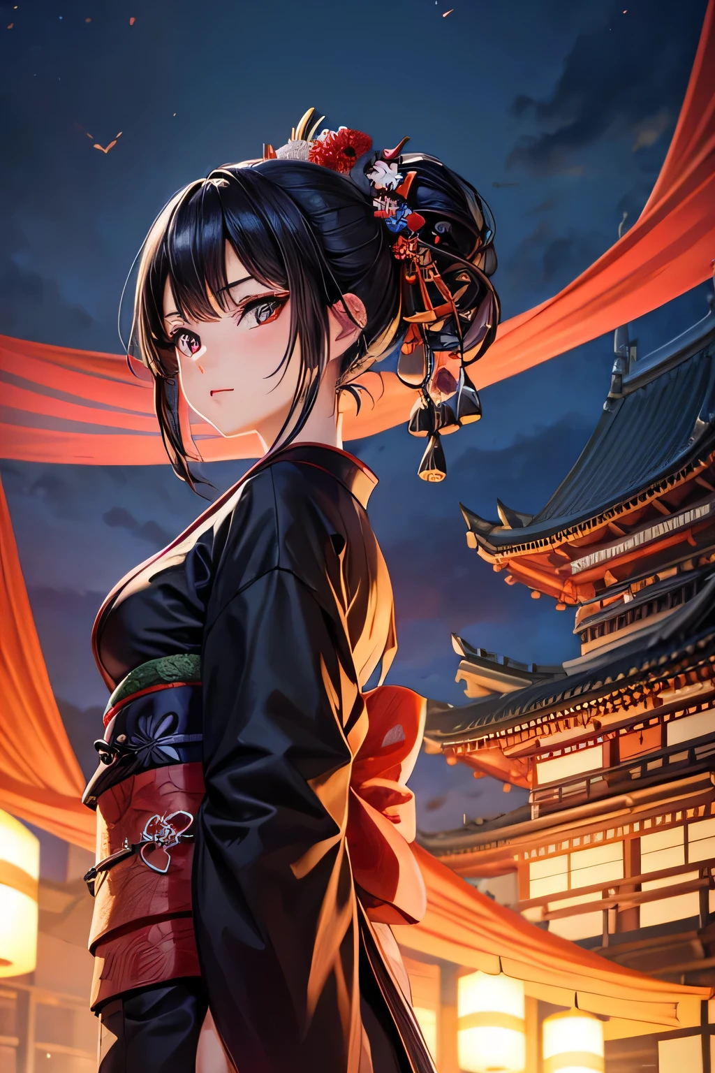 kimono、Beautiful Female Ninja、Black Hair Upstyle、((whole body))、(((photo taken from below)))、The background is a castle