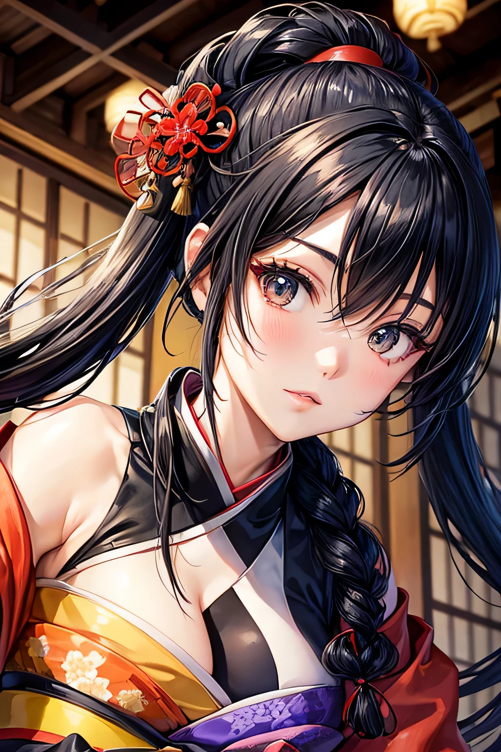 kimono、Beautiful Female Ninja、Black Hair Upstyle、((whole body))、(((photo taken from below)))、The background is a castle