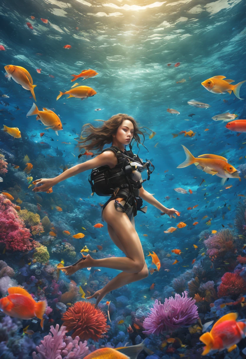 A (sexy young woman, spear gun, snorkel, flippers on feet) is spear fishing in a magical sea, all of the fish are flowers (brightly colored, many varieties) swimming this way and that (flower|fish}