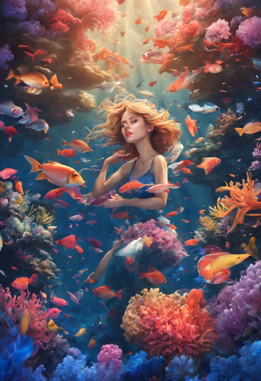 A (sexy young woman, spear gun, snorkel, flippers on feet) is spear fishing in a magical sea, all of the fish are flowers (brightly colored, many varieties) swimming this way and that (flower|fish}