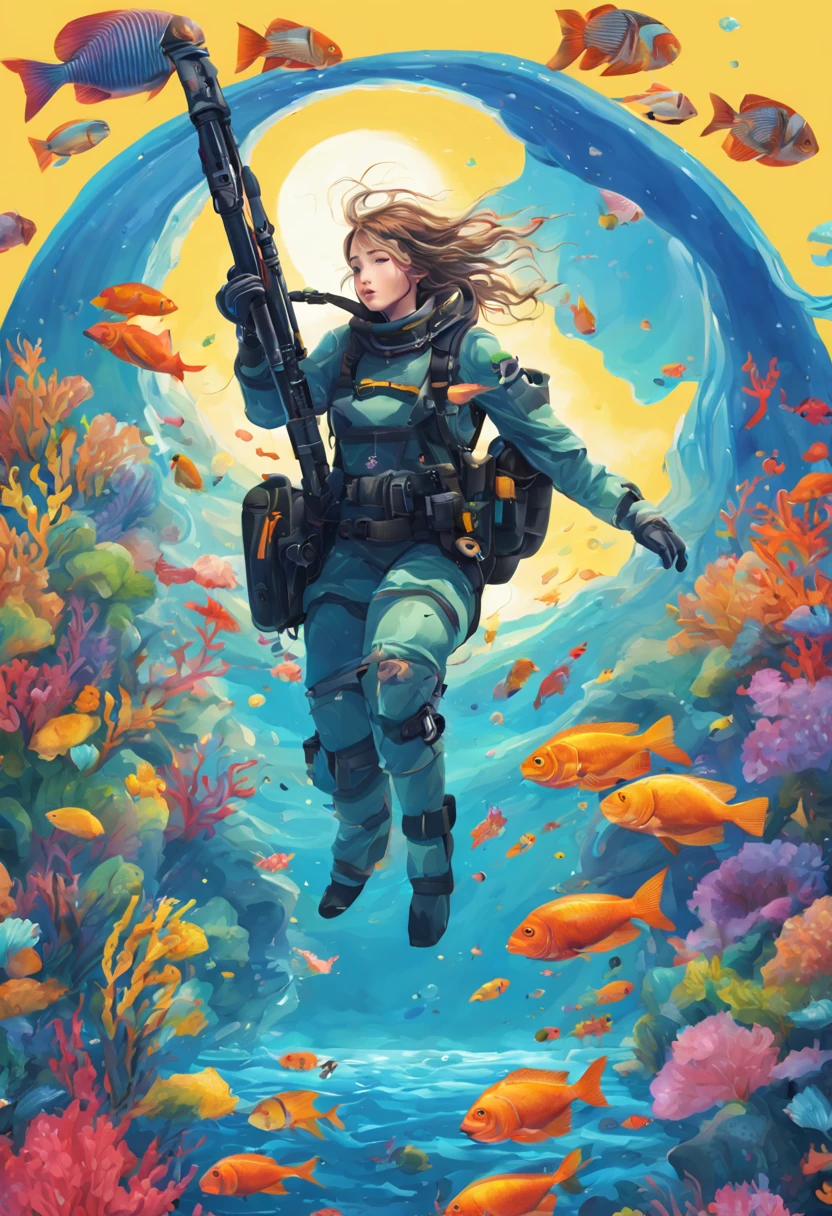 A (sexy young woman, spear gun, snorkel, flippers on feet) is spear fishing in a magical sea, all of the fish are flowers (brightly colored, many varieties) swimming this way and that (flower|fish}