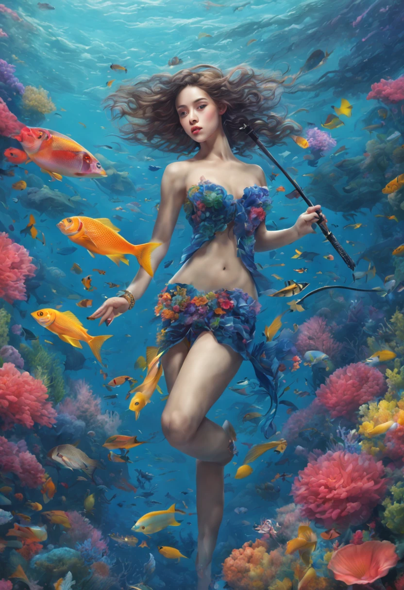 "(best quality,4k,highres,masterpiece:1.2),ultra-detailed,realistic:1.37,photography,landscape,professional,lush colors,vibrant,underwater lights,sparkling water,floating petals,exotic fishes,ethereal coral,enchanted atmosphere,aquatic paradise,reef dive,serene beauty,tranquil setting" This prompt describes a diver diving in the magical ocean，she is a sexy young woman，Holding a spear gun，Feet through fin pedals，Buckle up the breathing tube。She fishes among colorful flowers and fish，The flowers turned into the shape of fish。The whole ocean is full of vitality，Schools of flower fish swimming in the water。in this magical ocean，Full of swimming flowers of all kinds of bright colors。The light in the water becomes even brighter through the colors of these flowers。Bring out corals and other exotic fish on the ocean floor。The whole scene reveals a mysterious and tranquil beauty，Makes you feel like you are in an underwater paradise。