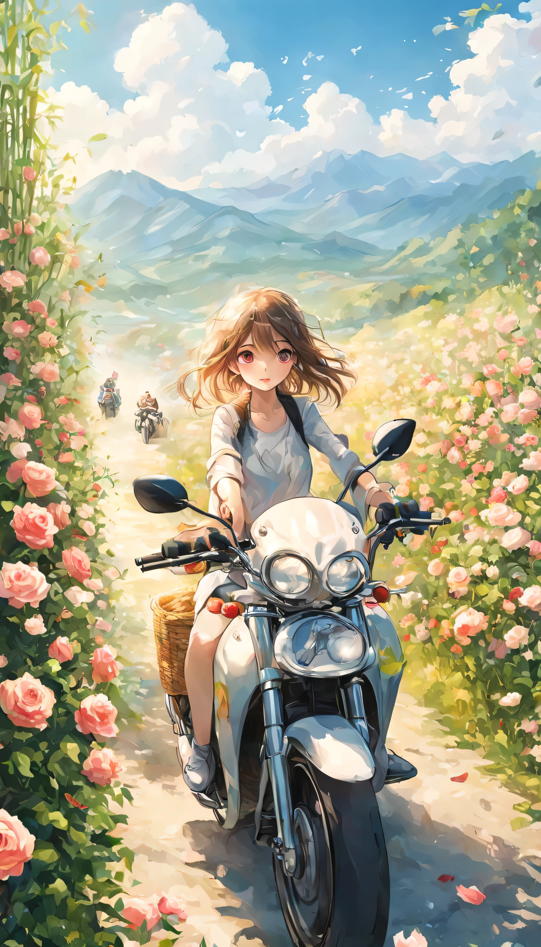 Sea of flowers/Sea of flowers/Sea of flowers.The wind blows through the rose field.spring field scenery.Closeup of beautiful girl riding motorcycle with cat.There are flowers and kittens in the bamboo basket in front of the car.背景是一大片彩色Sea of flowers.light tone.Light Gold、high resolution细节、Bright and fresh colors.(best quality,4k,8k,high resolution,masterpiece:1.2),super detailed,There are clear roses in the foreground.Wide-angle lens, ultra high definition, anatomically correct, Super details, best quality
