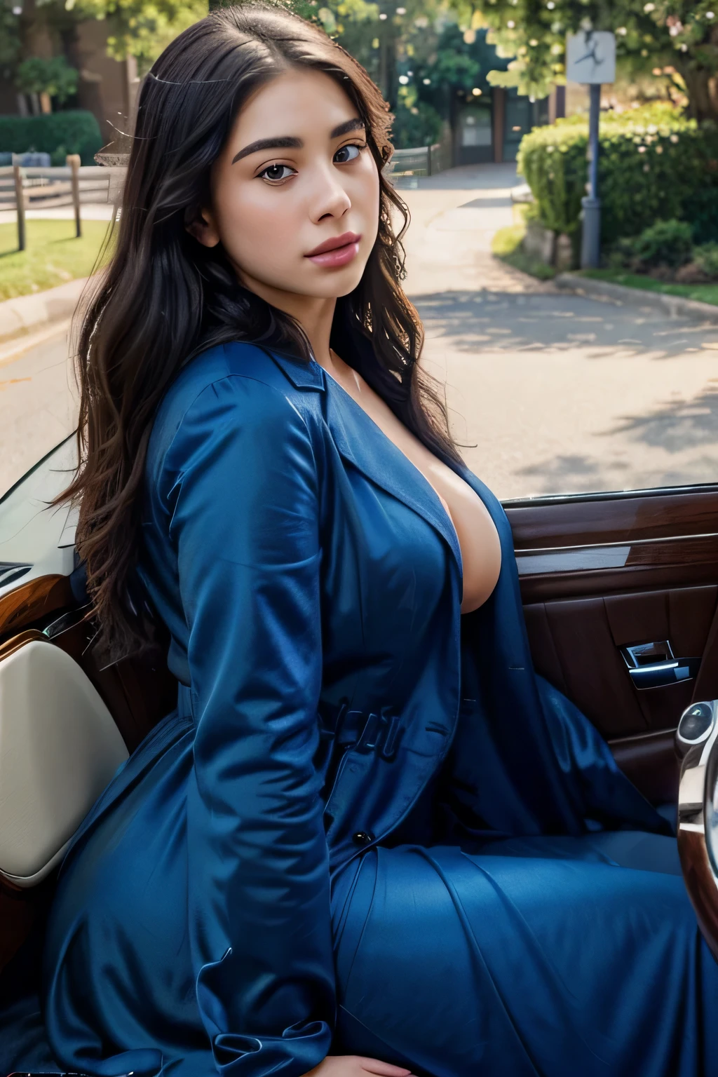 A happy and elegant Lauren Jauregui is depicted in this ultra-detailed, realistic portrait. She is wearing a sensual Blue Paint coat, that accentuates her beauty. The focus is on her expressive eyes and luscious lips, which are meticulously detailed.The scene is set on road ,sitting on the horse,realistic portrait