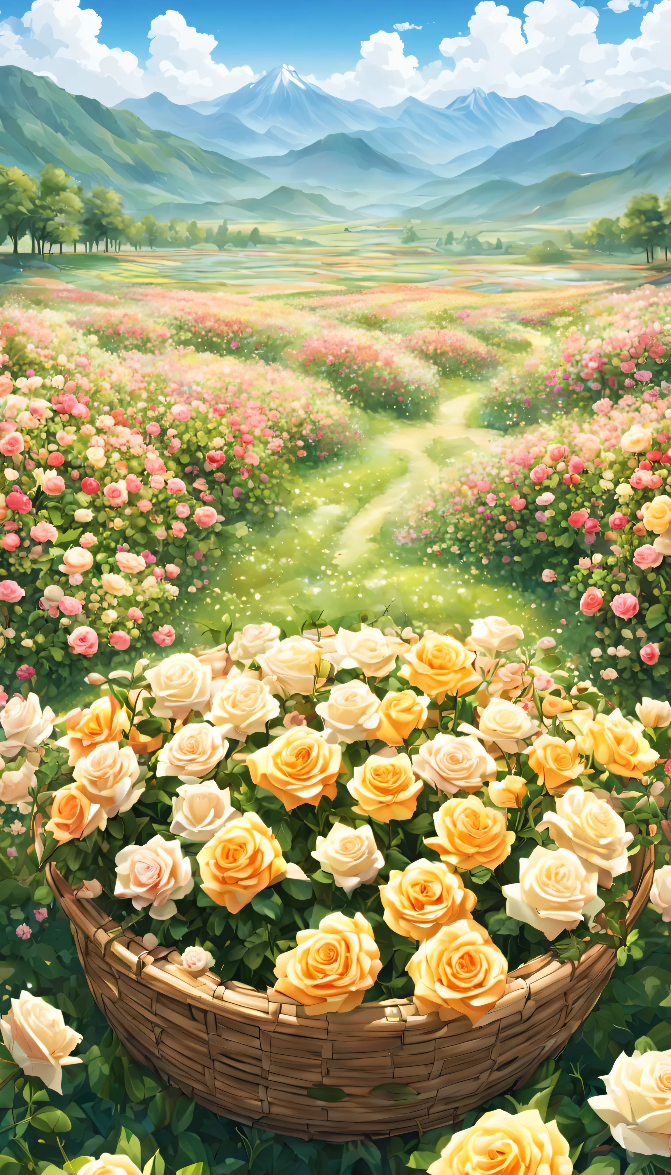 Sea of flowers/Sea of flowers/Sea of flowers.The wind blows through the rose field.spring field scenery.Closeup of beautiful girl riding motorcycle with cat.There are flowers and kittens in the bamboo basket in front of the car.背景是一大片彩色Sea of flowers.light tone.Light Gold、high resolution细节、Bright and fresh colors.(best quality,4k,8k,high resolution,masterpiece:1.2),super detailed,There are clear roses in the foreground.Wide-angle lens, ultra high definition, anatomically correct, Super details, best quality