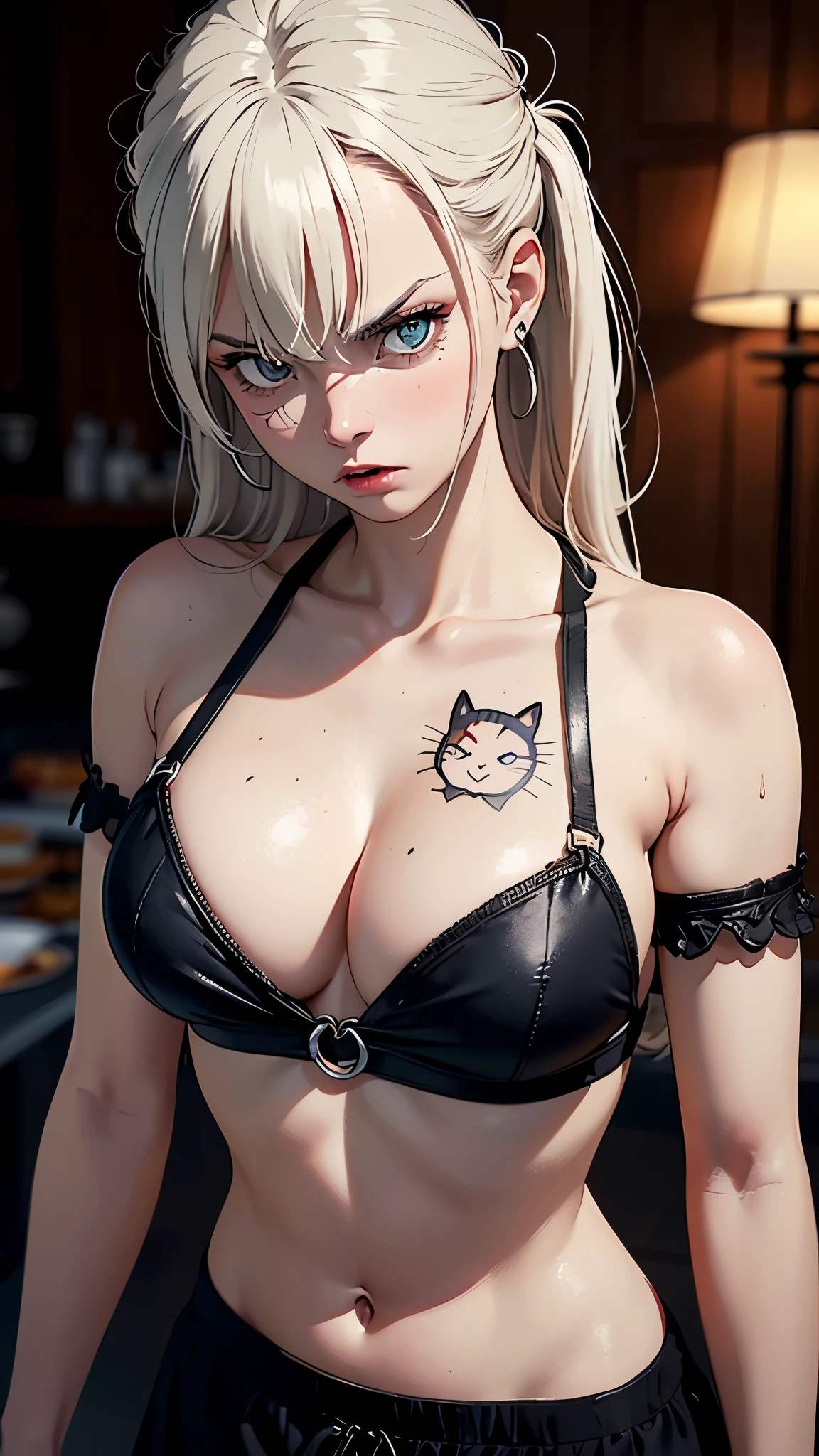 ((best quality)), ((chef-d'artwork)), (detailed), visage parfait, ((((uses the ratio of 1.6180339887 for internat image composition)))), (Une femme de 30 ans, grande avec des hauts talons, a crop top that reveals a black cat tattoo on the stomach), couleur vibrantes, ((boket:2)), ((look of disgust)), ((loud anger))