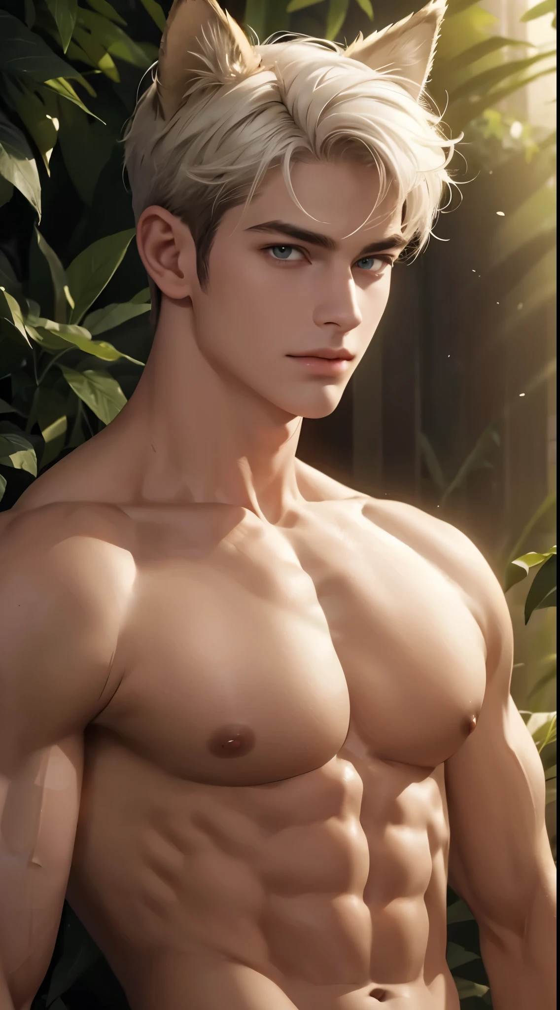 4k, high resolution, best quality, masterpiece, perfect color, perfect shade, perfect lighting, Posted by e621, ((portrait)), ((handsome man)), perfect male figure, Short hair details,chest muscles,abdominal muscles,Naked torso,Detailed face, perfect face, (stood up), Detailed background, ((Bonifasco Lighting)), (delicate eyes),(animal ears),white hair,((forest))