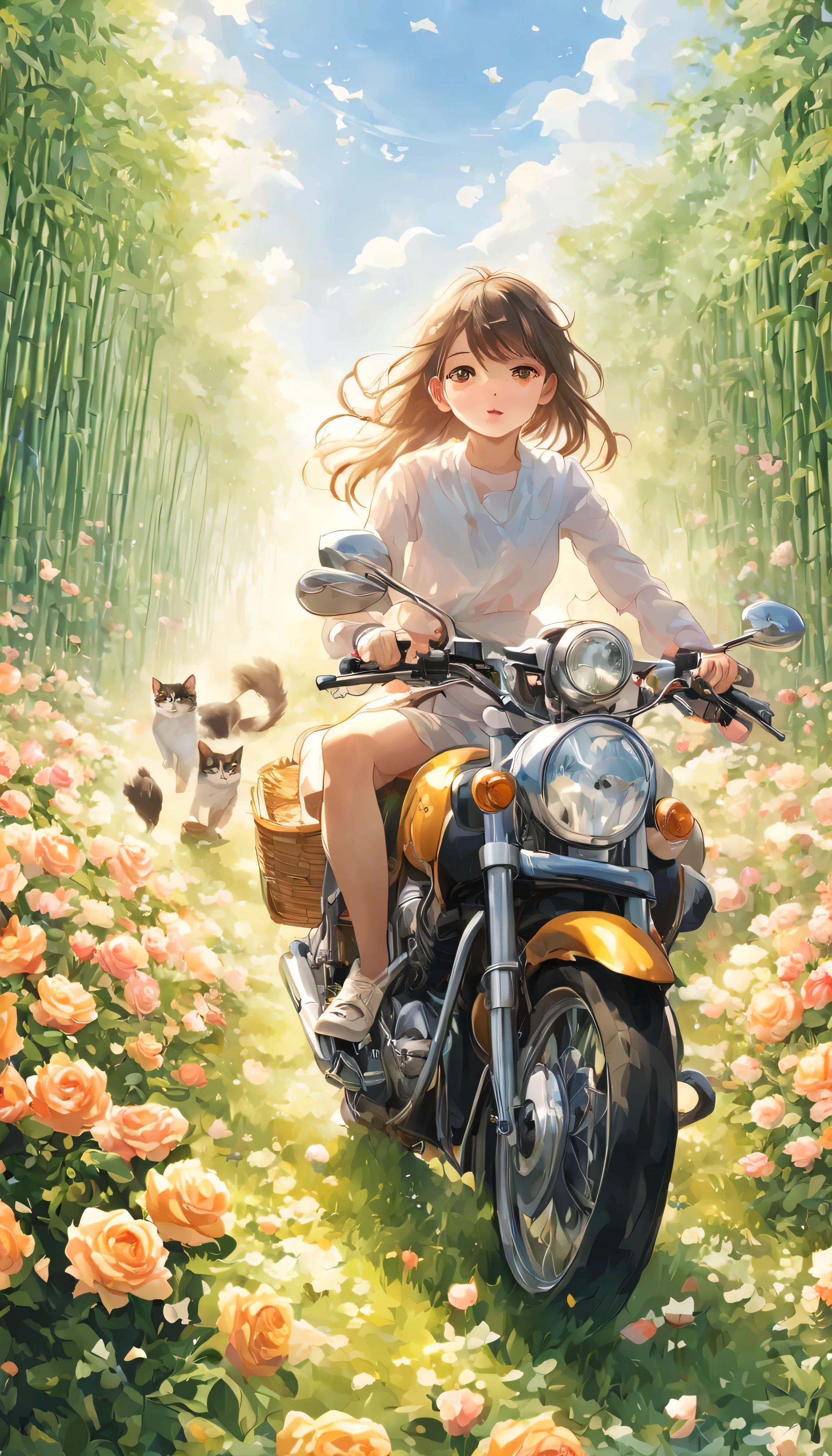 Sea of flowers/Sea of flowers/Sea of flowers.The wind blows through the rose field.spring field scenery.Closeup of beautiful girl riding motorcycle with cat.There are flowers and kittens in the bamboo basket in front of the car.背景是一大片彩色Sea of flowers.light tone.Light Gold、high resolution细节、Bright and fresh colors.(best quality,4k,8k,high resolution,masterpiece:1.2),super detailed,There are clear roses in the foreground.Wide-angle lens, ultra high definition, anatomically correct, Super details, best quality