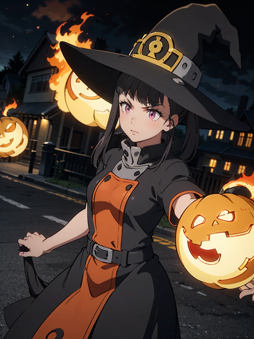 Maki, 1girl, solo, ponytail, bangs, muscles, ((witch dress and hat)), halloween, glowing eyes, serious expression, candy, night time, row of houses in background, perfect quality, good quality, masterpiece, HDR, UHD, fireballs, fire elemental, flames, elegant delicate, reflection, shine