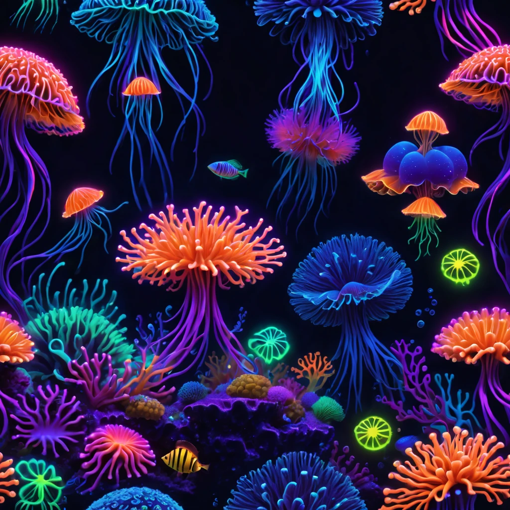 High Resolution, High Quality, Masterpiece .BlackLight art.  Neon glowing corals, sea urchins and psychedelic anemones form something like a flower garden on the ocean floor in the depths of a neon glowing ocean. a luminous psychedelic miracle, Halo effect neon fraktal. jellyfish and Bizarre angel fish and discus glow with neon the fins and silhouette are covered with mysterious luminescence,  an octane render that enhances the hyperrealistic intricacy of its shape. The background is the deep saturated darkness of the ocean., close-up akin to Miki Asai Macro photography, sharp focus, intricate details, Hyperdetalization, dramatic lighting, ultra clear. 32k