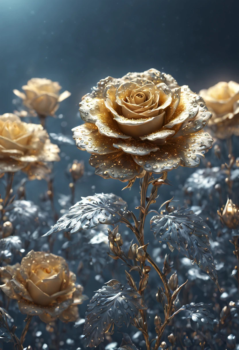 sea of flowers, aesthetic, gold and silver rose flowers with dew drops, hyperdetailed intricate delicate Victorian gold lace eldritch bejeweled carnation covered in, intricate mech details, ground level shot, 8K resolution, Cinema 4D, Behance HD, polished metal, Unreal Engine 5, rendered in Blender, sci-fi, futuristic, trending on Artstation, epic, cinematic background, dramatic, atmospheric