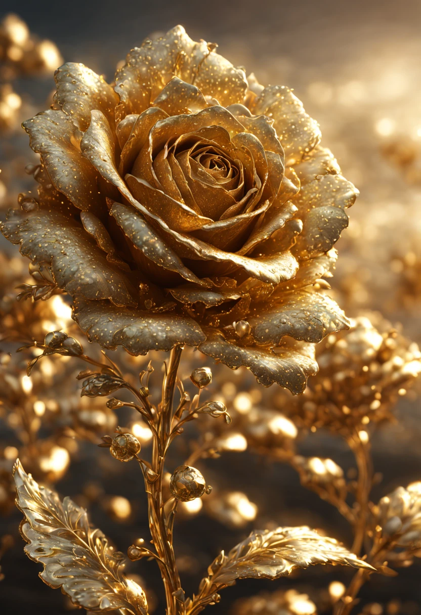 sea of flowers, aesthetic, gold and silver rose flowers with dew drops, hyperdetailed intricate delicate Victorian gold lace eldritch bejeweled carnation covered in, intricate mech details, ground level shot, 8K resolution, Cinema 4D, Behance HD, polished metal, Unreal Engine 5, rendered in Blender, sci-fi, futuristic, trending on Artstation, epic, cinematic background, dramatic, atmospheric