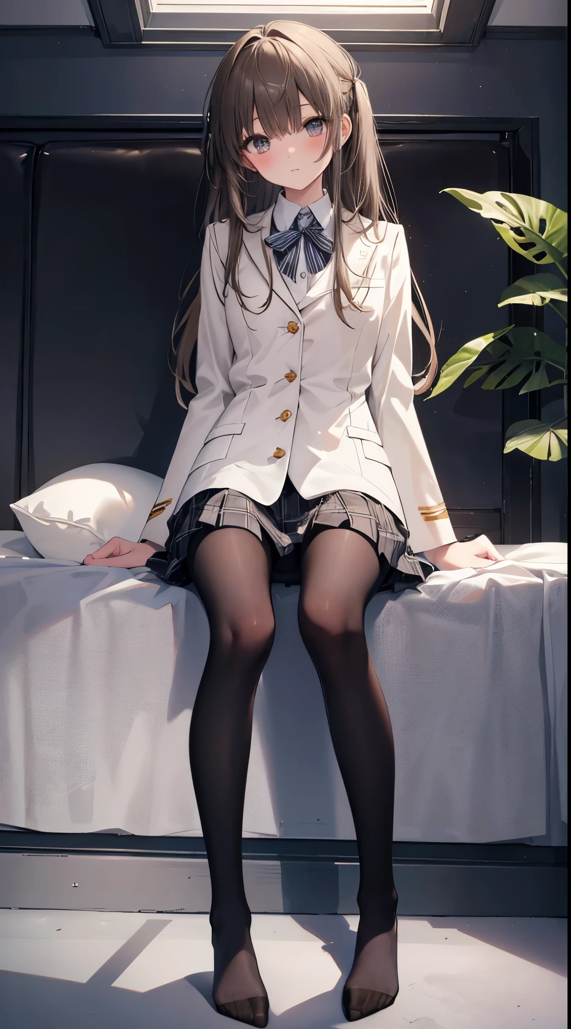 finest, masterpiece, High resolution, (Full body view from head to toe), Composition from slightly below the front, symmetry, 18 years old, slim and beautiful girl, alone, (small breasts), (not wearing shoes),Unkempt brown hair, bangs, (black tights), (black pantyhose), tied up with both arms hidden behind the back, (Composition showing white panties), (her legs spread、I can see white panties.), thin legs, blush, shy big eyes, looking at camera, blazer uniform, plaid pleated skirt