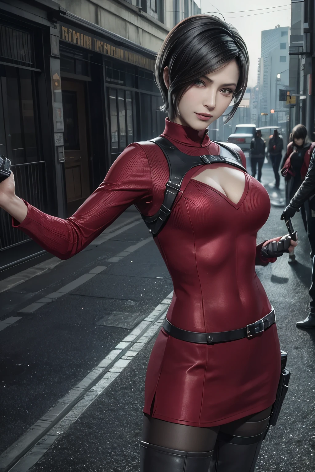 1 rapariga， solo， Ada Wong in Resident Evil 4 Remake， short detailed hair， brunette color hair， Red cheongsam， Short-sleeved shirt， Nero， nedium breasts， upper limbs， hindquarters， Black heels， Adriana's face， Find your audience， sly smile， A pistol was hung on her waist， best qualtiy， hight resolution：1.2， street setting, zombies in the background， Shadowing， Nightmare， rays of moonlight， Upper body photography， Low camera angle、depth of fields、center focused, cleavage, breasts