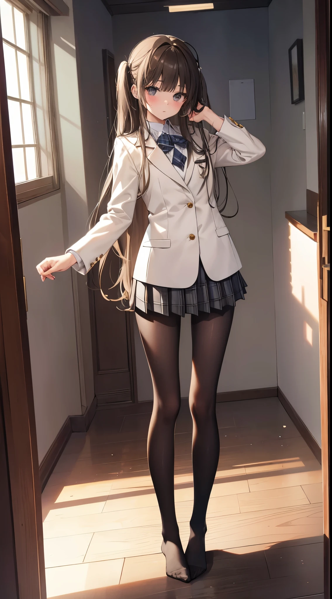 finest, masterpiece, High resolution, (Full body view from head to toe), Composition from slightly below the front, symmetry, 18 years old, slim and beautiful girl, alone, (small breasts), (not wearing shoes),Unkempt brown hair, bangs, (black tights), (black pantyhose), tied up with both arms hidden behind the back, (Composition showing white panties), (her legs spread、I can see white panties.), thin legs, blush, shy big eyes, looking at camera, blazer uniform, plaid pleated skirt