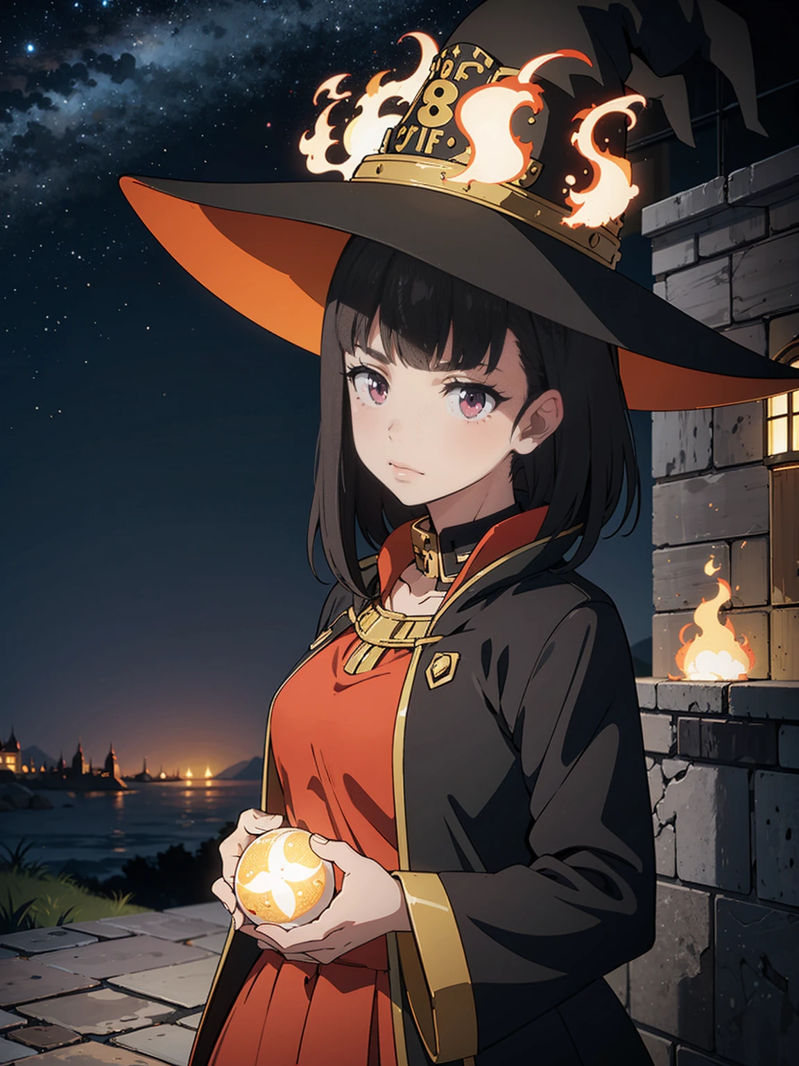 Maki illustration, 1 garota, Sozinho, rabo de cavalo, franja, muscles, ((witch dress and hat, regata)), dia das Bruxas, olhos brilhantes, postura de luta, night time, fileira de casas ao fundo, qualidade perfeita, boa qualidade, obra de arte, hdr, Ultra HD, bolas de fogo, castelo medieval em chamas, Wrath of the Dragon, fire breathing dragon, elegante delicado, reflection, brilhar, anime, manga, bombeiro