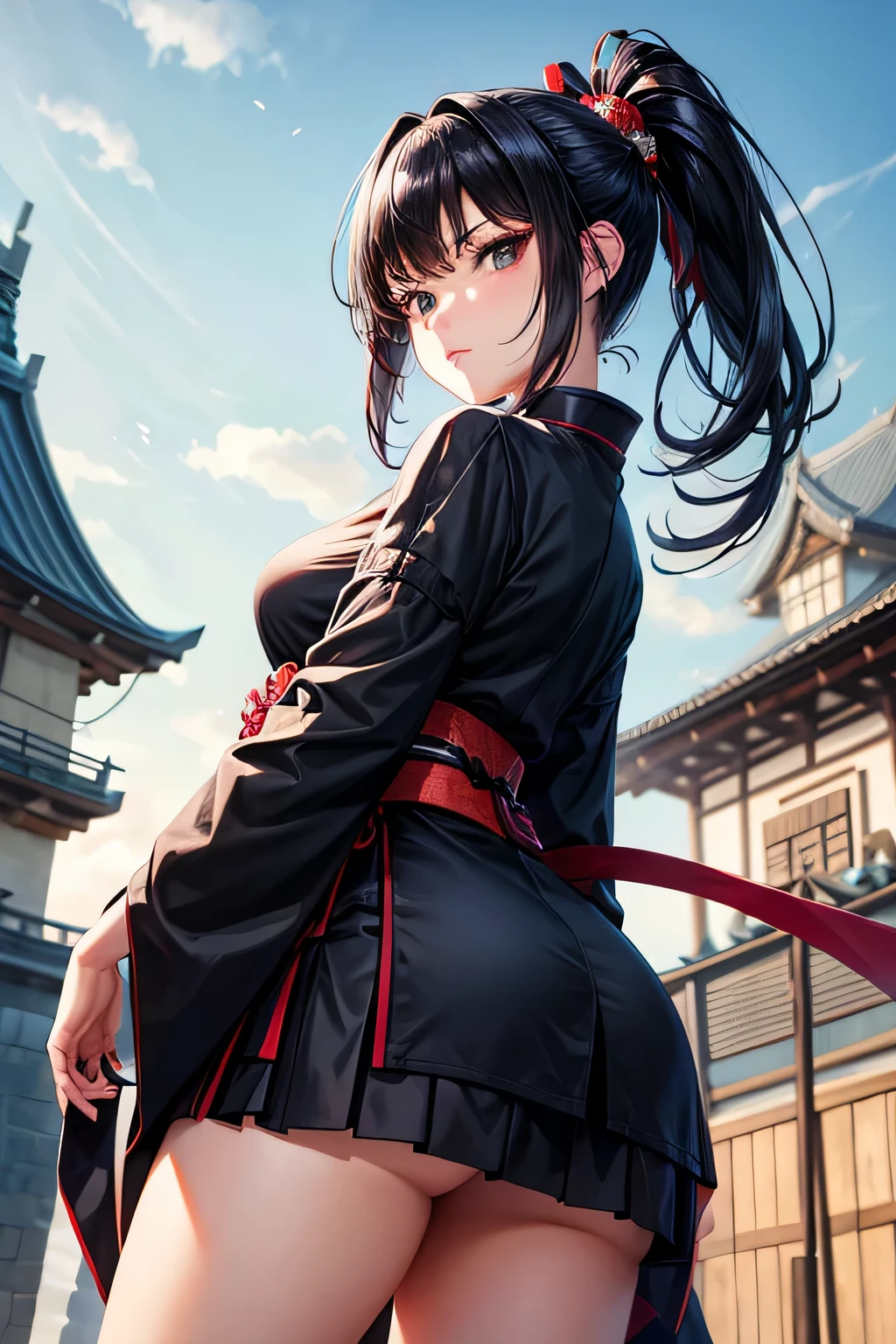 mini skirt kimono、Beautiful Female Ninja、Black Hair Upstyle、((whole body))、(((photo taken from below)))、The background is a castle