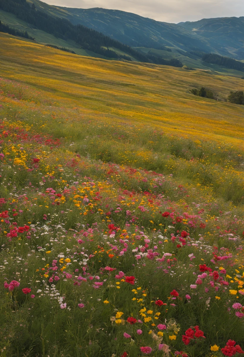 A scenic pasture on a clear, sunlit day. the field is awash in color as wild flowers of all colors and varieties turn the pasture into a sea of flowers