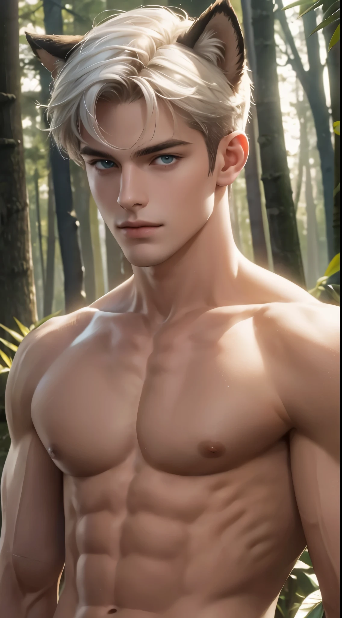 4k, high resolution, best quality, masterpiece, perfect color, perfect shade, perfect lighting, Posted by e621, ((portrait)), ((handsome man)), perfect male figure, Short hair details,chest muscles,abdominal muscles,Naked torso,Detailed face, perfect face, (stood up), Detailed background, ((Bonifasco Lighting)), (delicate eyes),(animal ears),white hair,((forest))