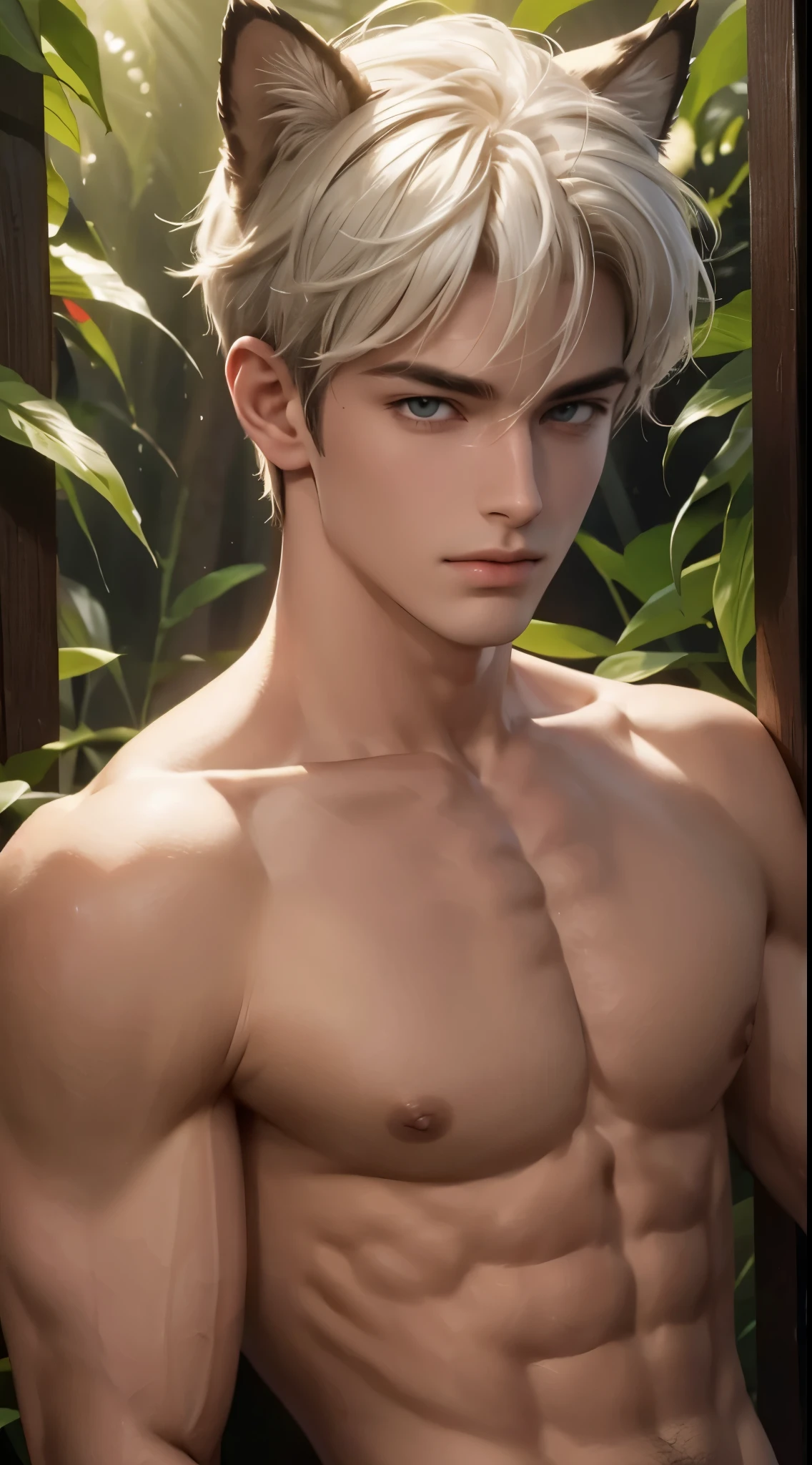 4k, high resolution, best quality, masterpiece, perfect color, perfect shade, perfect lighting, Posted by e621, ((portrait)), ((handsome man)), perfect male figure, Short hair details，chest muscles，abdominal muscles，Naked torso，Detailed face, perfect face, (stood up), Detailed background, ((Bonifasco Lighting)), (delicate eyes),(animal ears),white hair，((forest))