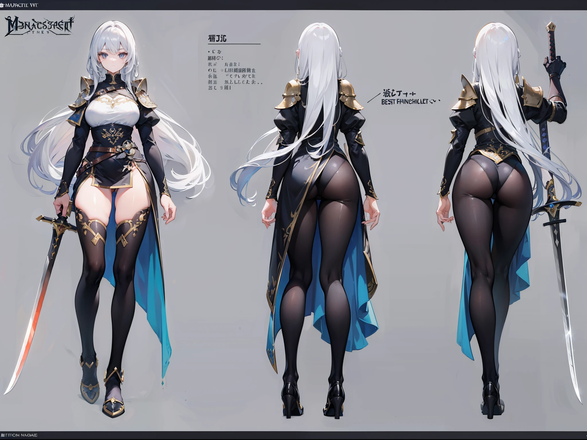 ((masterpiece, best quality)), Detailed face, character design sheet, black tights,professional swordsman,full body display, full of details, body positivity, rear body view, Very detailed, depth, many parts,White long hair girl, black tights,With a sword,(Dungeons & Warriors characters)