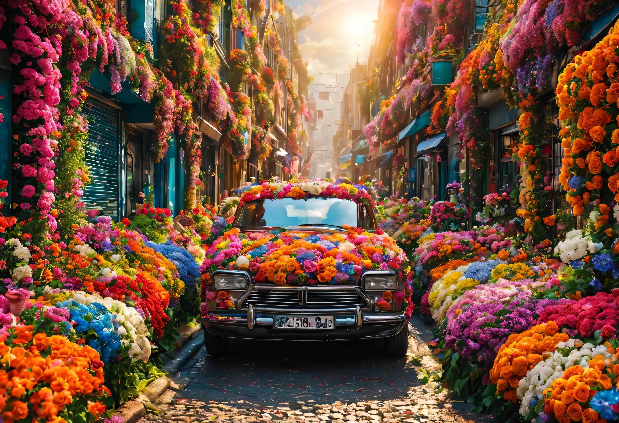 Realistic photo, fantasy, futuristic, sci-fi, Sea of flowers, City, view od street covered by flowers, plenty od colorful flowers, walls covered by flowers, cars covered by flowers, vivid colors, a beautiful woman wandering the streets of a city completely covered with colorful flowers, raw photo, 8k, HDR, depth of field, 8k, wide shot