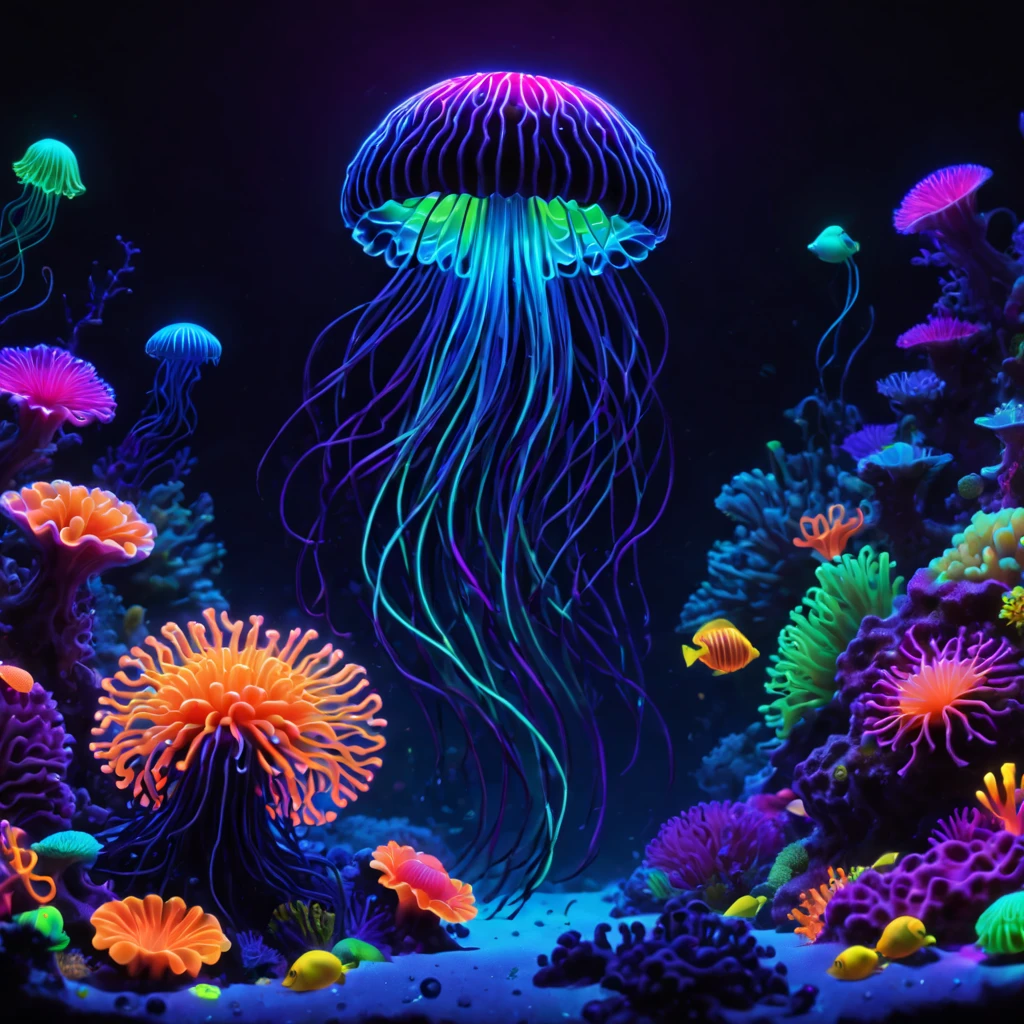 High Resolution, High Quality, Masterpiece .BlackLight art.  Neon glowing corals, sea urchins and psychedelic anemones form something like a flower garden on the ocean floor in the depths of a neon glowing ocean. a luminous psychedelic miracle, Halo effect neon fraktal. jellyfish and Bizarre angel fish and discus glow with neon the fins and silhouette are covered with mysterious luminescence,  an octane render that enhances the hyperrealistic intricacy of its shape. The background is the deep saturated darkness of the ocean., close-up akin to Miki Asai Macro photography, sharp focus, intricate details, Hyperdetalization, dramatic lighting, ultra clear. 32k