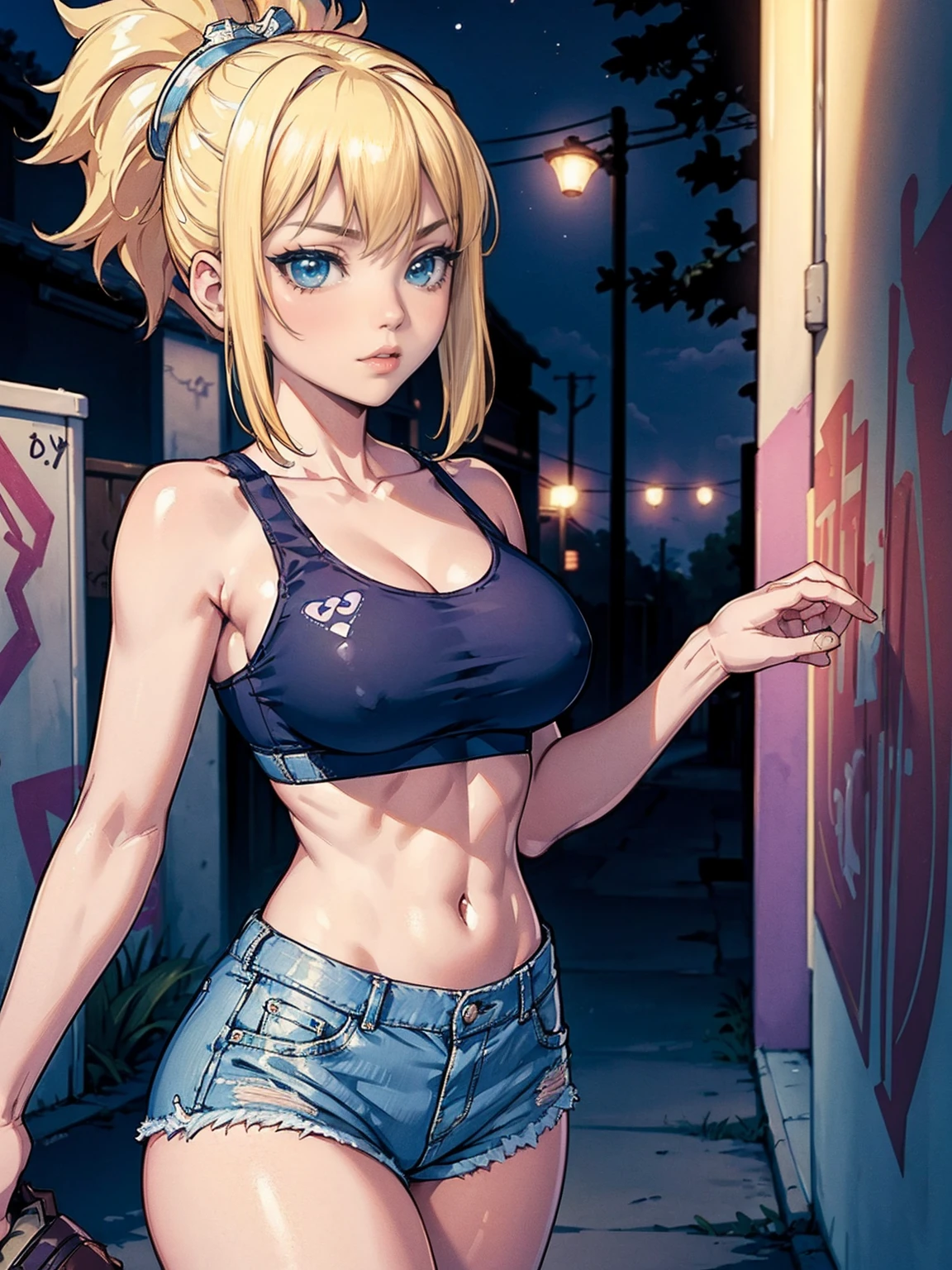 ((pink lipstick, Extremely detailed, ambient soft lighting, 4k, perfect eyes, a perfect face, perfect lighting, a 1girl)), austere, ((malicious, (sports bra), jeans, short shorts, unbuttoned shorts)), night sky, clouds, , lots of , (graffiti alley, graffiti walls, in an alley, night, moonlight, starry night), (((austere, ((masterpiece, cowboy shot, intricate, highly detailed, 1girl)))), ((kohaku, blonde hair, blue eyes, kawai, cute, portraits, vivid colors, soft lighting))