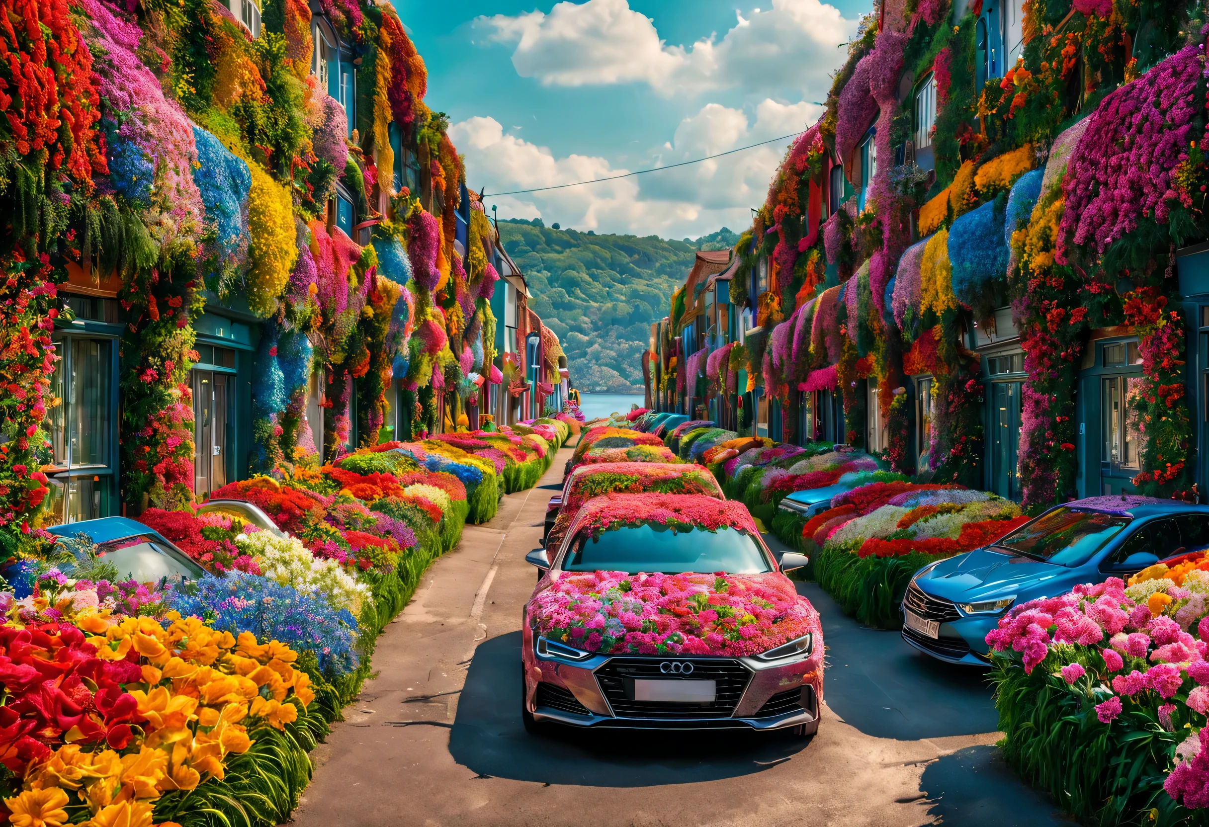 Realistic photo, fantasy, futuristic, sci-fi, Sea of flowers, City, view of wide street covered by flowers, plenty od colorful flowers, walls covered by flowers, cars covered by flowers, ground covered by grass and flowers, vivid colors, a beautiful woman wandering the streets of a city completely covered with colorful flowers, raw photo, 8k, HDR, depth of field, 8k, wide shot