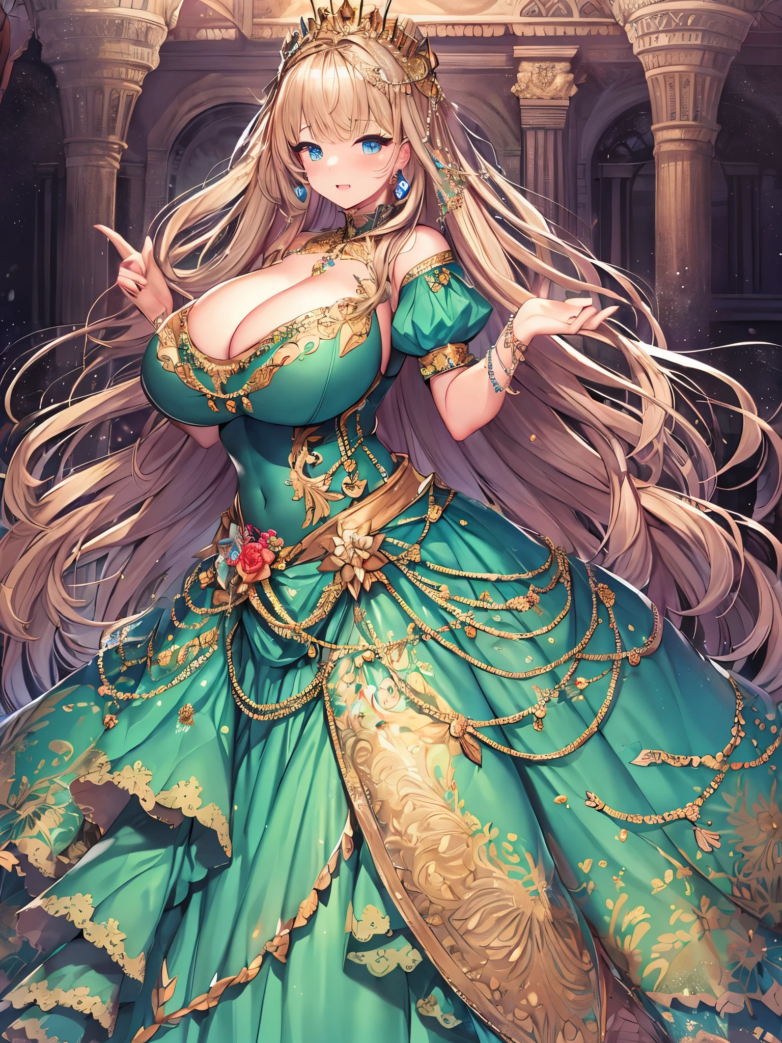 anime artstyle,Masterpiece,Best Quality,Super Detail,Very Delicate and Beautiful,Solo,full body,full body portrait,((1 bling-bling gorgeous princess in a gorgeous embroidery rococo ballgown with jeweled)),(((very very gigantic tits,cleavage,curvy))),Skindentation,((fantasy castle,outdoor)),((crinoline,long train)),super detailed gorgeous princess ballgown with voluminous full length hoop skirt,gorgeous princess rococo ballgown with long train,((gorgeous princess rococo ballgown with beautiful embroidery and jeweled)),(detailed face and eyes),jewel-like eyes,((extremely voluminous straight Hair,Extremely Long Straight Hair)),extremely gorgeous hair ornament,((extremely gorgeous bling-bling big tiara)),bling-bling luxurious jewelry,((super detailed gorgeous princess rococo ballgown with voluminous full length hoop skirt)),full body