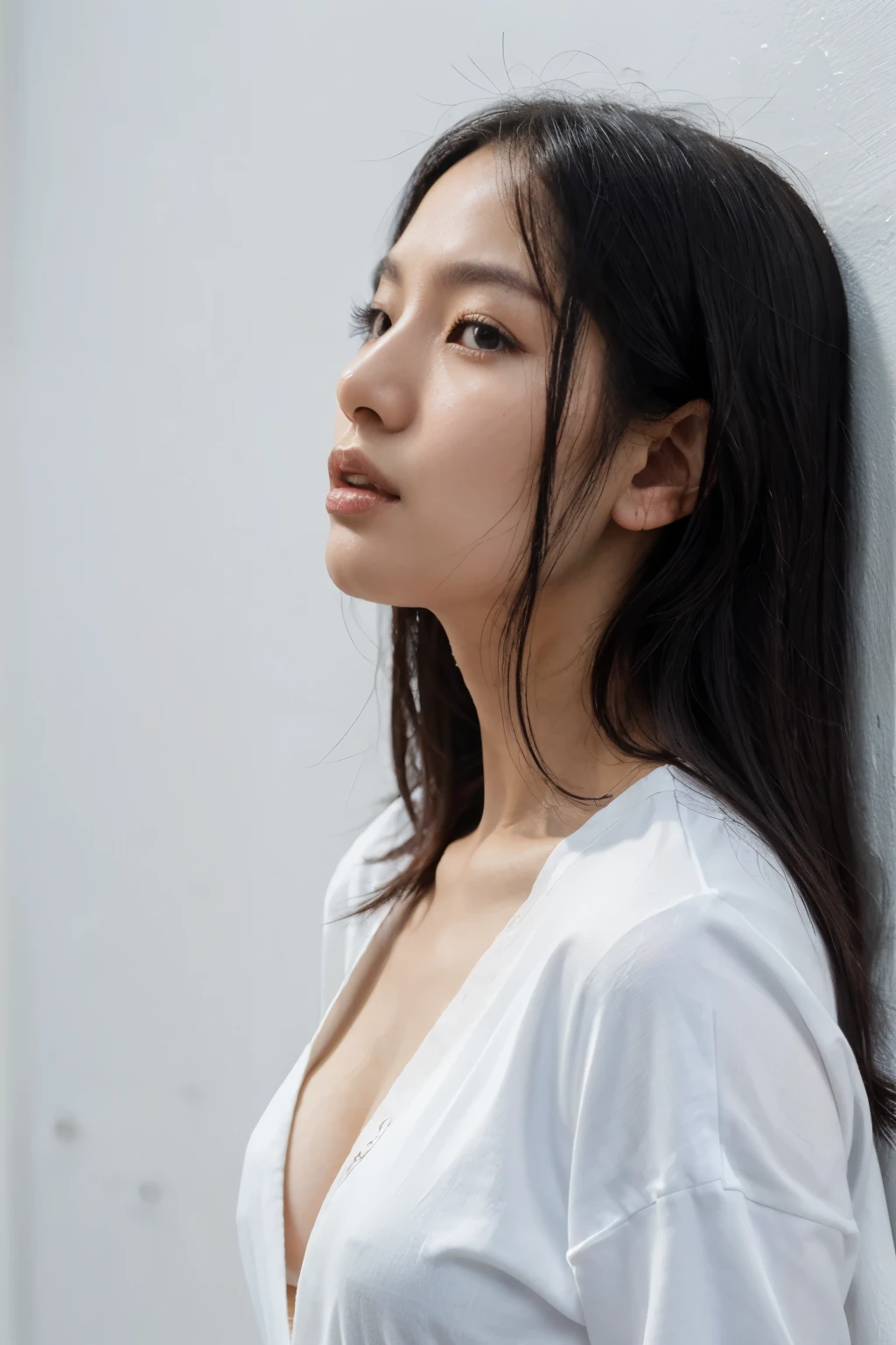 one 30 years old hong kong woman, closeup from side, beautiful woman, realistic skin, black hair, long straight hair, white overshirt, plain white bra, realistic hand, white wall background, mouth breathing