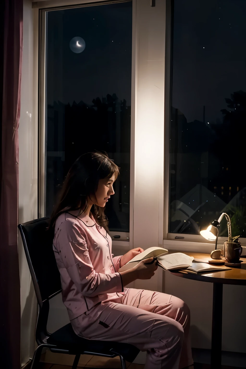 silhouette of a lady sitting on a chair near a window, wearing her pink pajamas, flipping a page to read the book, writing on the notebook in the evening, small window closed has a view of dark night sky
