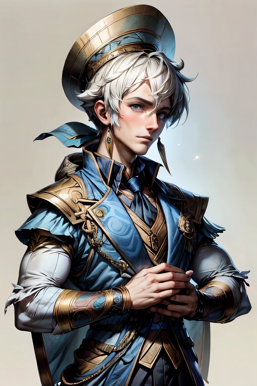 ultra high definition，Ancient male protagonist，Two-dimensional painting style，bust figure，Off-white background，indecisiveness，Clothes with fish elements，Handsome