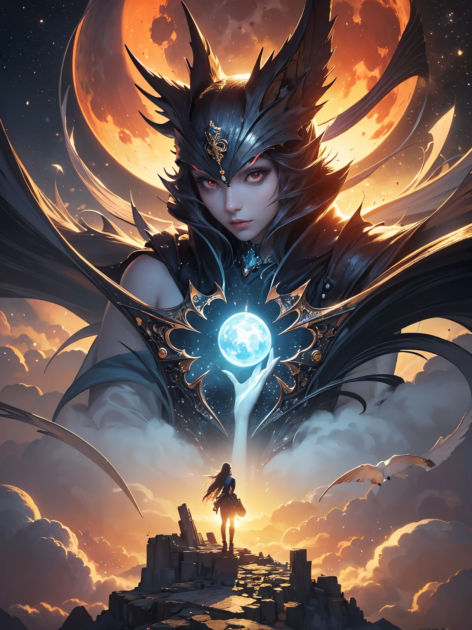 ((highest quality)),(ultra high resolution),(Super detailed),(detailed description),((best CG)),(best work of art),super precision art,amazing drawing art,(Fantasy art with precise details:1.5), A sea of clouds that spreads forever,Red Moon,blue Moon