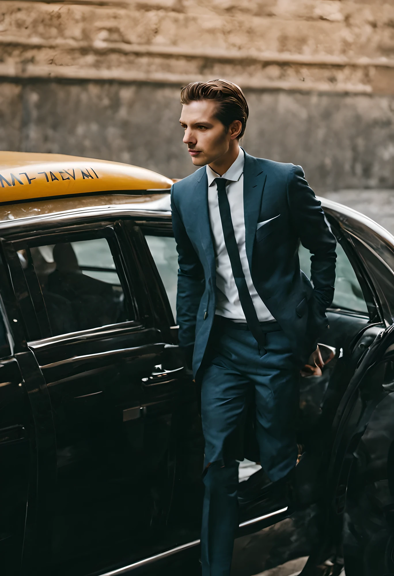 a man in a formal suit gets into a taxi