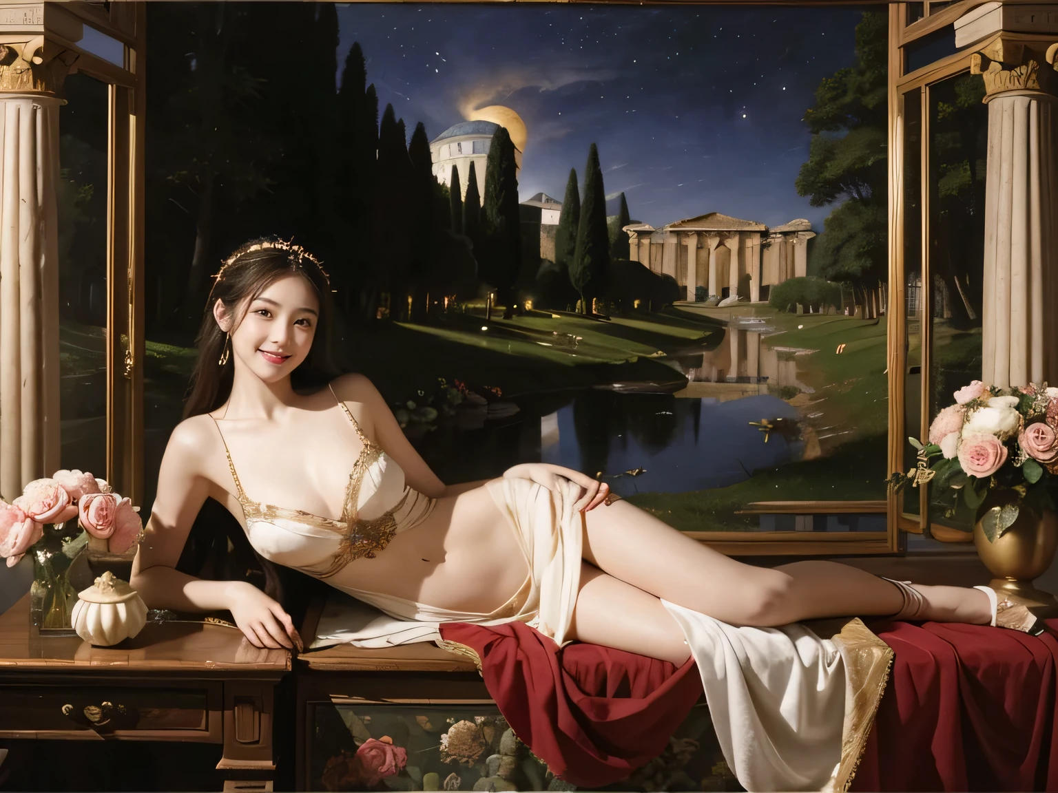 Giorgione painting style,Arguments of two female Philosophe,math、astronomical machine、astronaut、roses in vase、fruits、Cute trinkets、smile、ancient greek costume、Background is a forest lake at night 、Clothes that stretch your shoulders、A big smile、beautiful bare skin、A detailed representation of the seducing woman throughout her body.