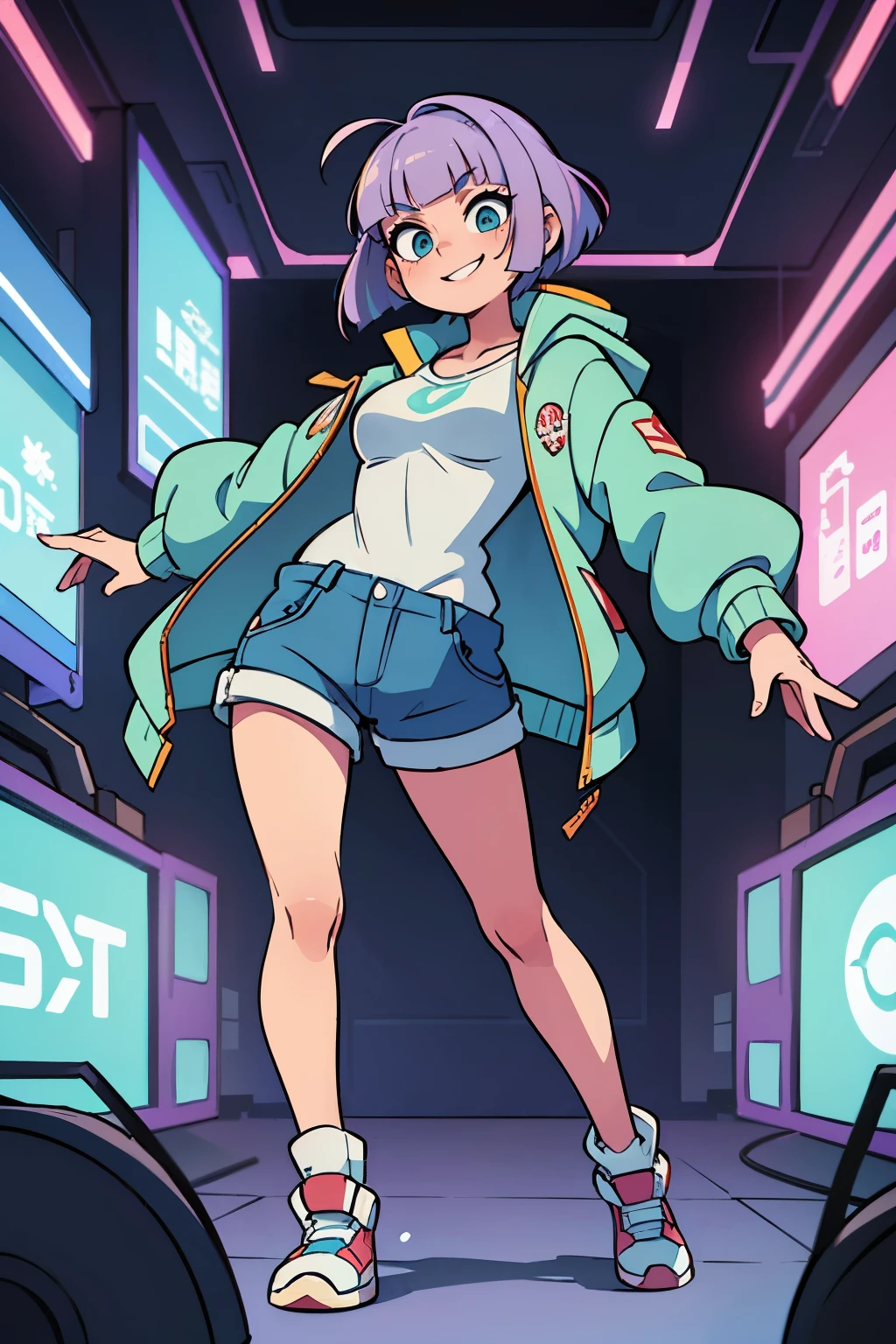 (best quality), (masterpiece), (1beautiful girl:1.1), (light purple hair:1.1),(bob cut hair:1.1), (blunt bangs), (squinting), (smile),(joy), (solo dancing:1.3), (vivit mint blue down jacket:1.4),(extra long 袖:1.1), 18 year old, (white t-shirts), (dungaree),mint blue sneaker, futuristic cyberpunk style, (aerial shot:1.1), (full body:1.1), ((super futuristic cyberpunk city on stage))