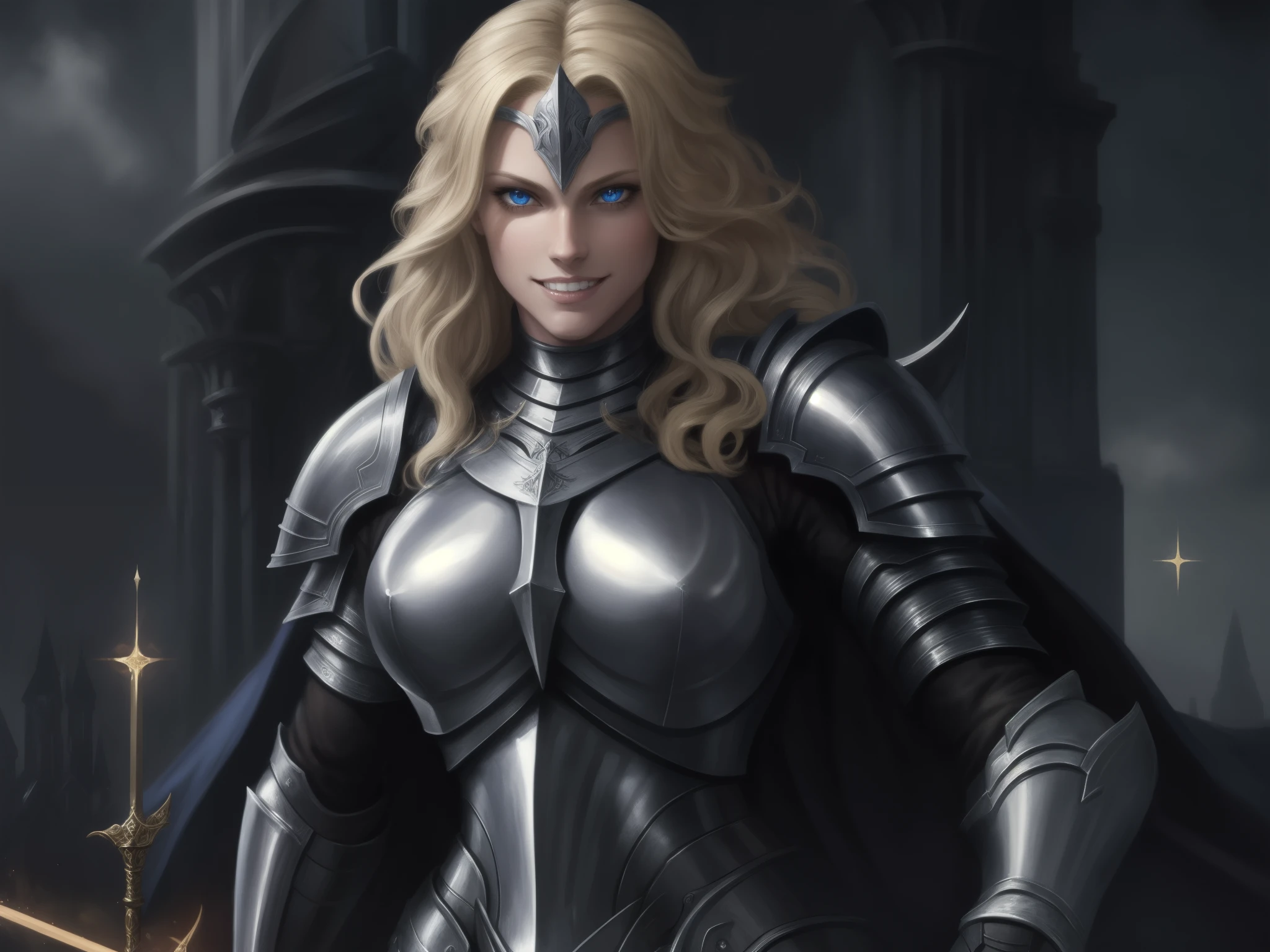 masterpiece, best quality, 1MILF, knight, full armor, long hair, blonde hair, blue eyes, nose, lips, helm, glowing eyes, smile, clenched teeth, head tilt, breastless armor, breasts out, nipples, full body, holy temple, fantastical painting
