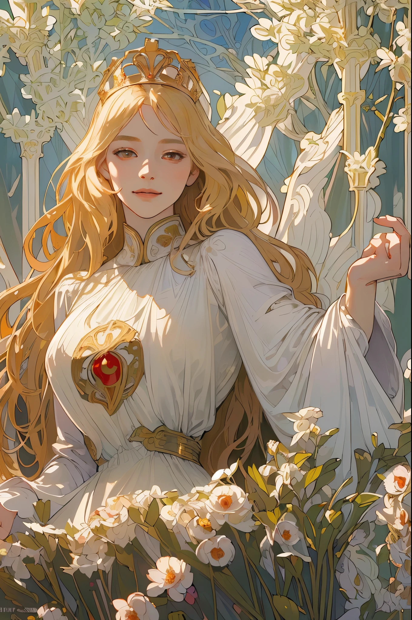 (masterpiece, highest quality), 1 girl, alone, (Queen:1.15), blonde, long hair, curtain, white dress, queen dress, aurora, (sunlight, null, river, forest), No expression, red eyes, (art nouveau:1.2), Alphonse Mucha, tiara, (face focus, Upper body), (red throne:1.12), very intricate details, realistic light, smile