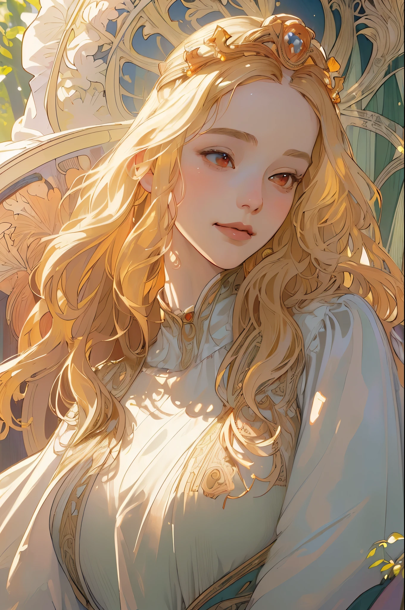 (masterpiece, highest quality), 1 girl, alone, (Queen:1.15), blonde, long hair, curtain, white dress, queen dress, aurora, (sunlight, null, river, forest), No expression, red eyes, (art nouveau:1.2), Alphonse Mucha, tiara, (face focus, Upper body), (red throne:1.12), very intricate details, realistic light, smile